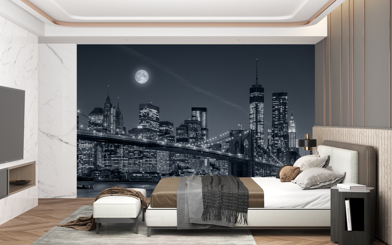 Papier peint noir et blanc new york à la lumière de la pleine lune