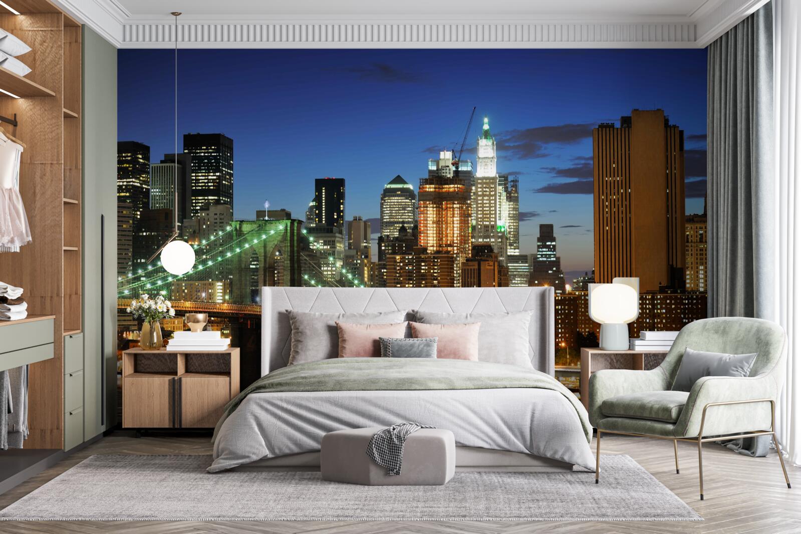 Papier peint panorama de new york la nuit depuis la rive opposée