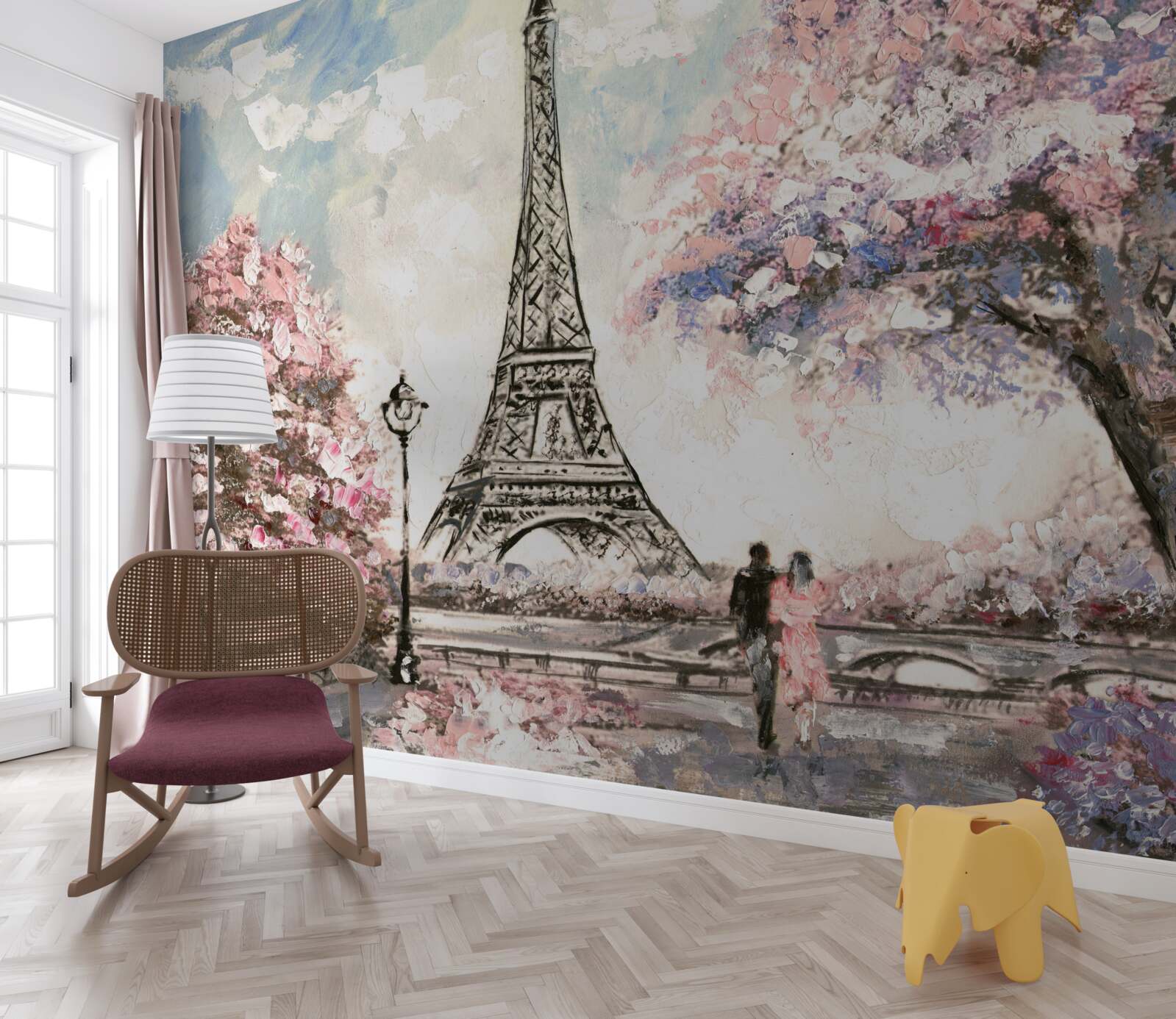 Papier peint printemps romantique au pied de la tour eiffel