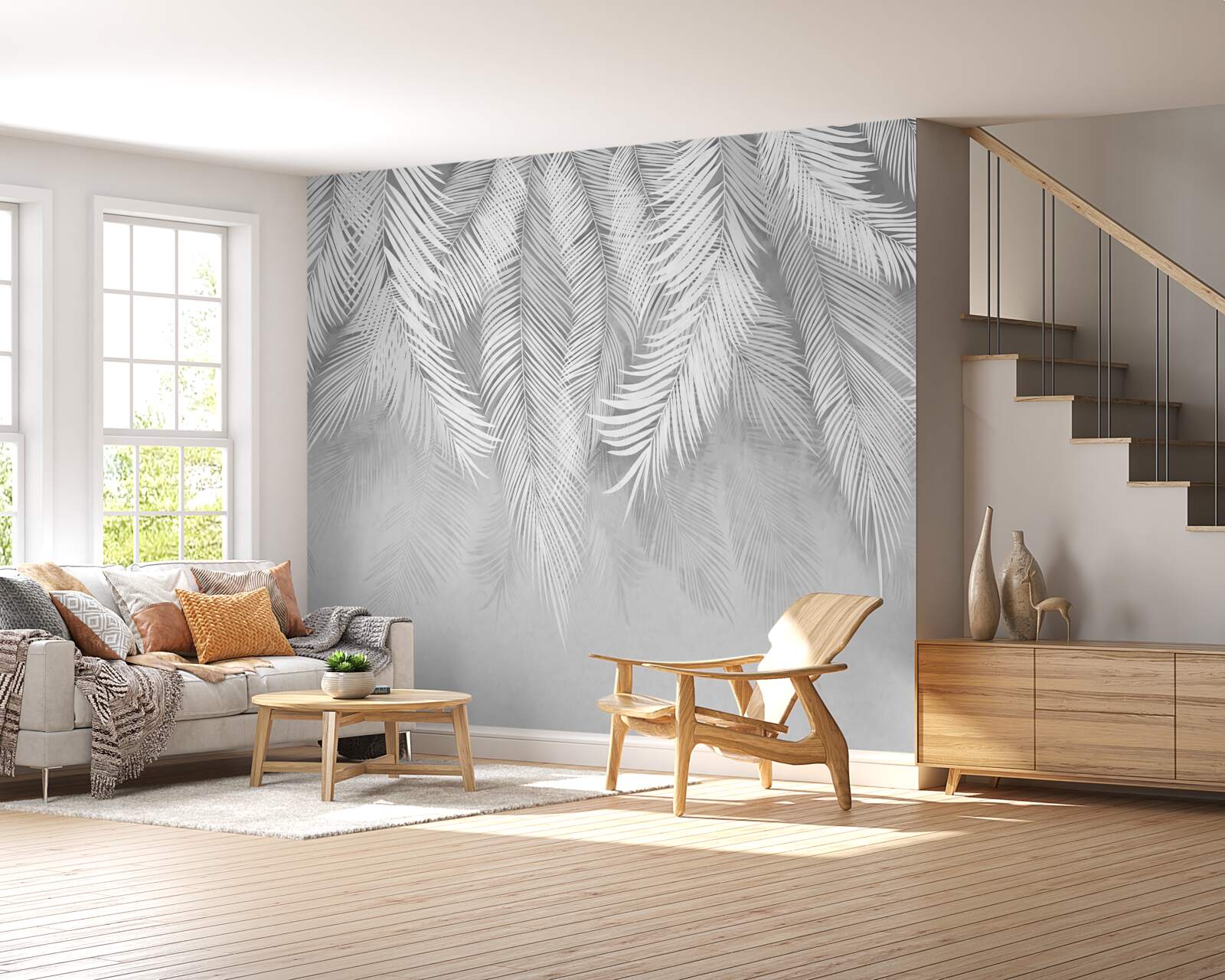 Papier peint des feuilles de palmier blanches pendent