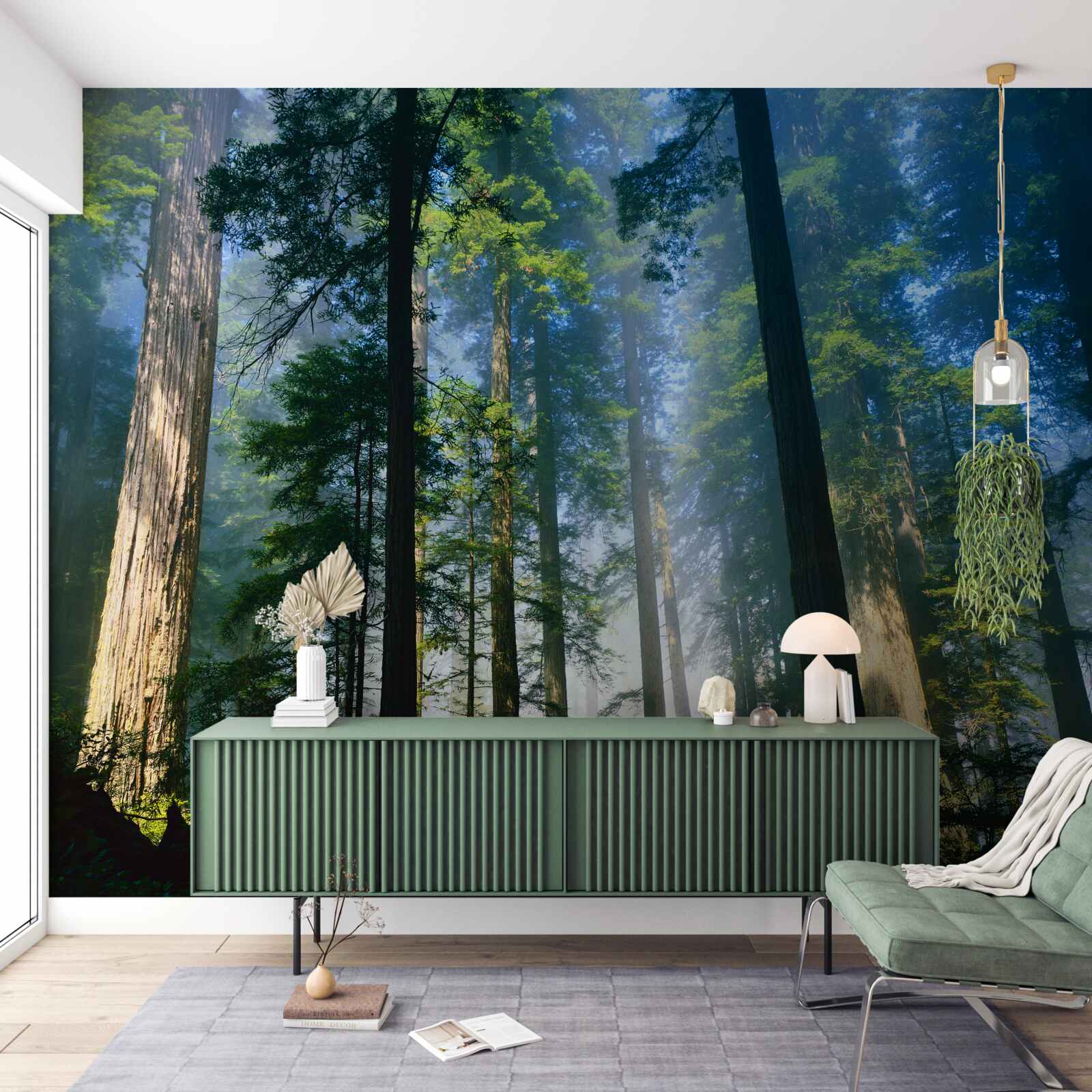 Papier peint forêt mixte couverte de brouillard