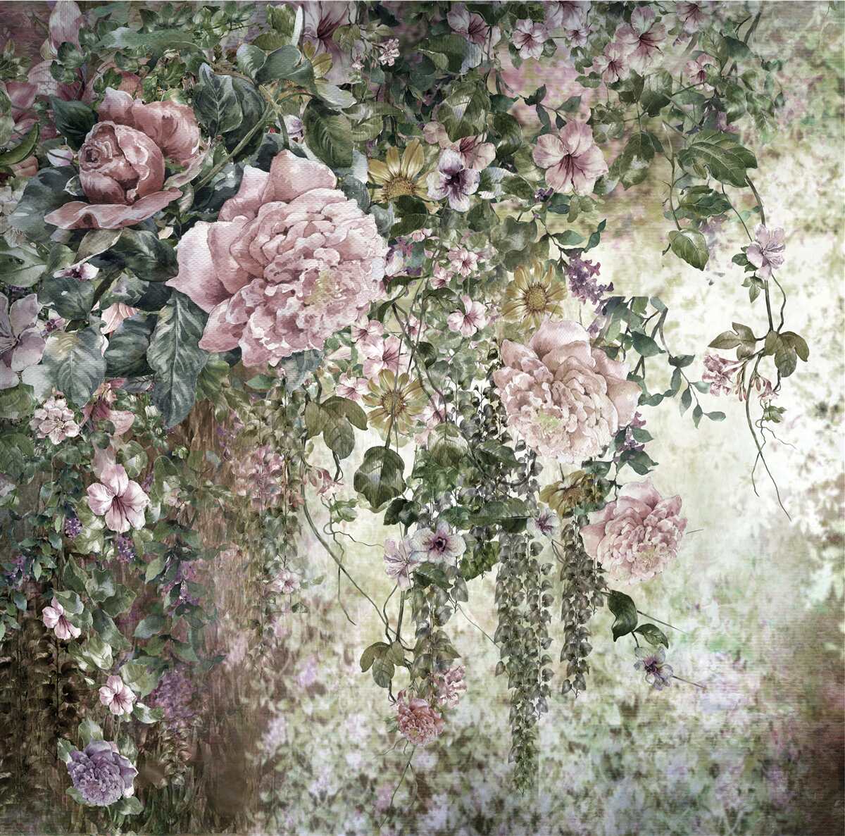 Papier peint de la verdure entourée d'une variété de fleurs printanières