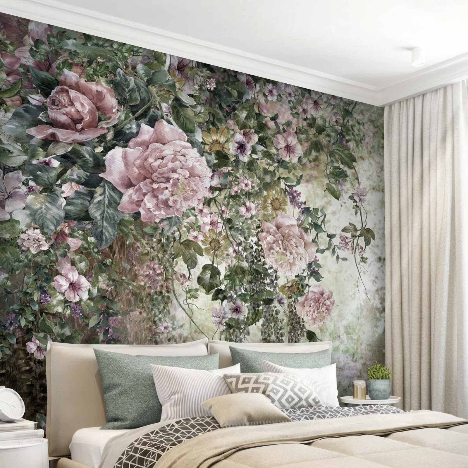 Papier peint de la verdure entourée d'une variété de fleurs printanières