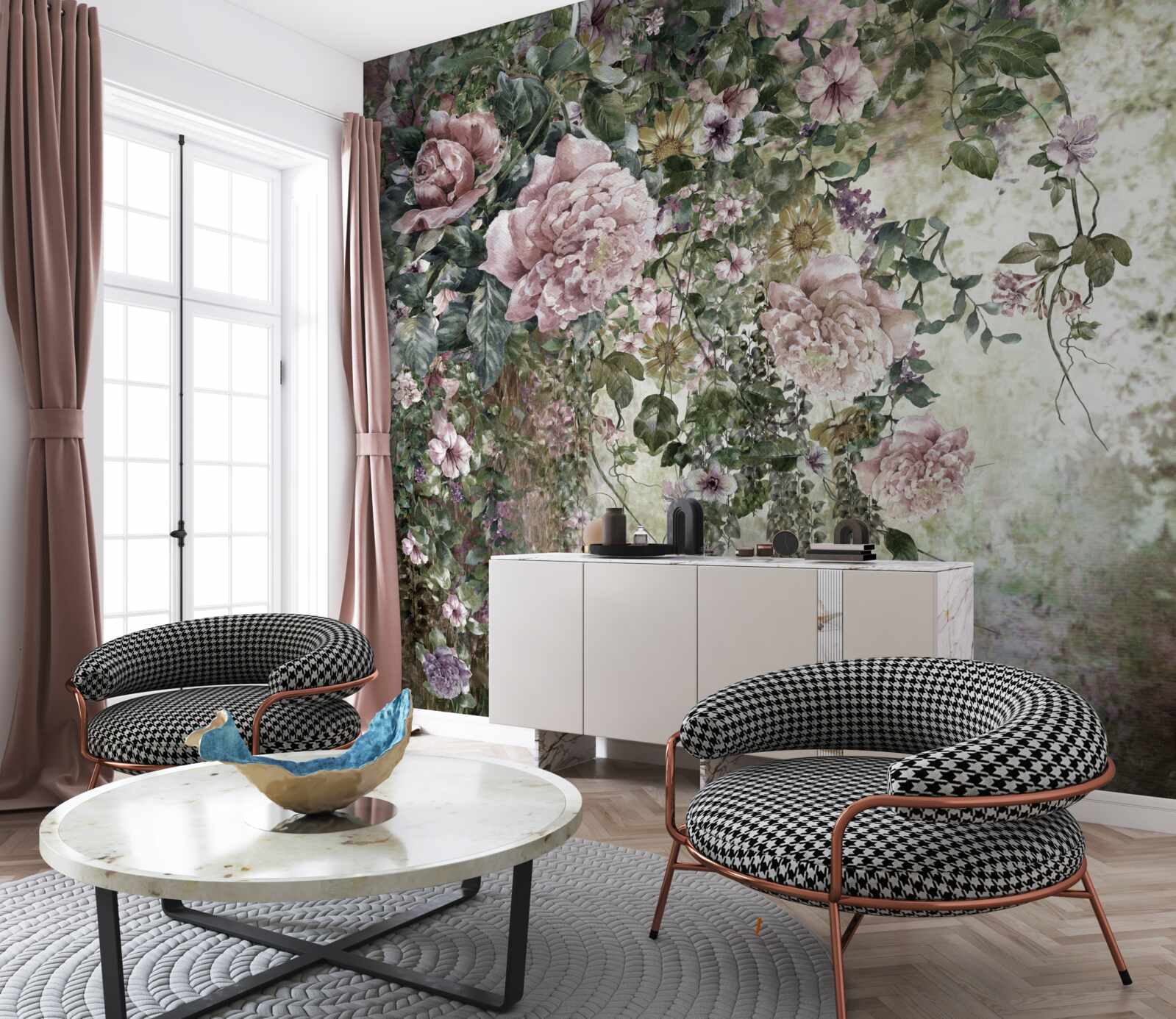 Papier peint de la verdure entourée d'une variété de fleurs printanières