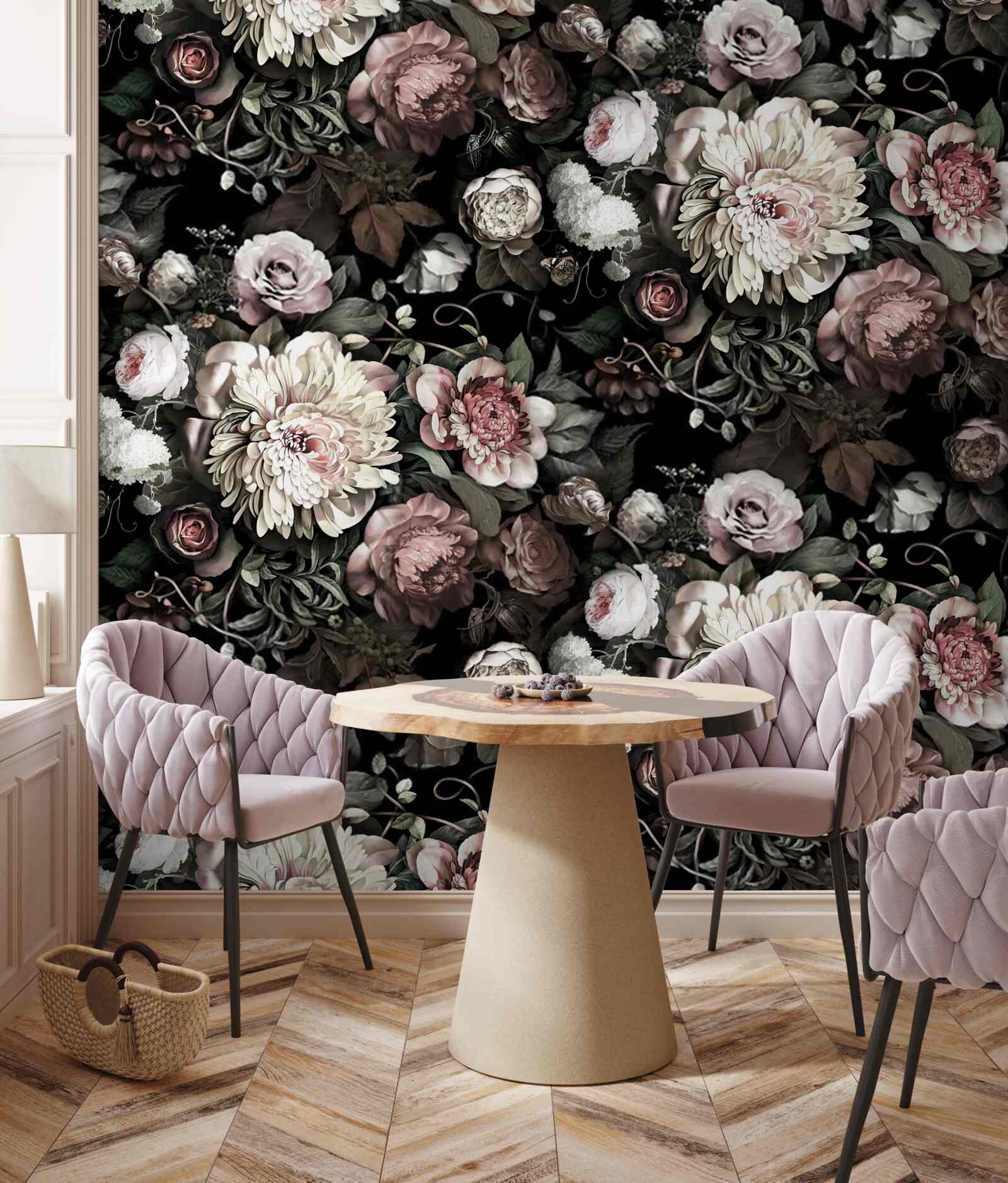 Papier peint composition de tons floraux légers