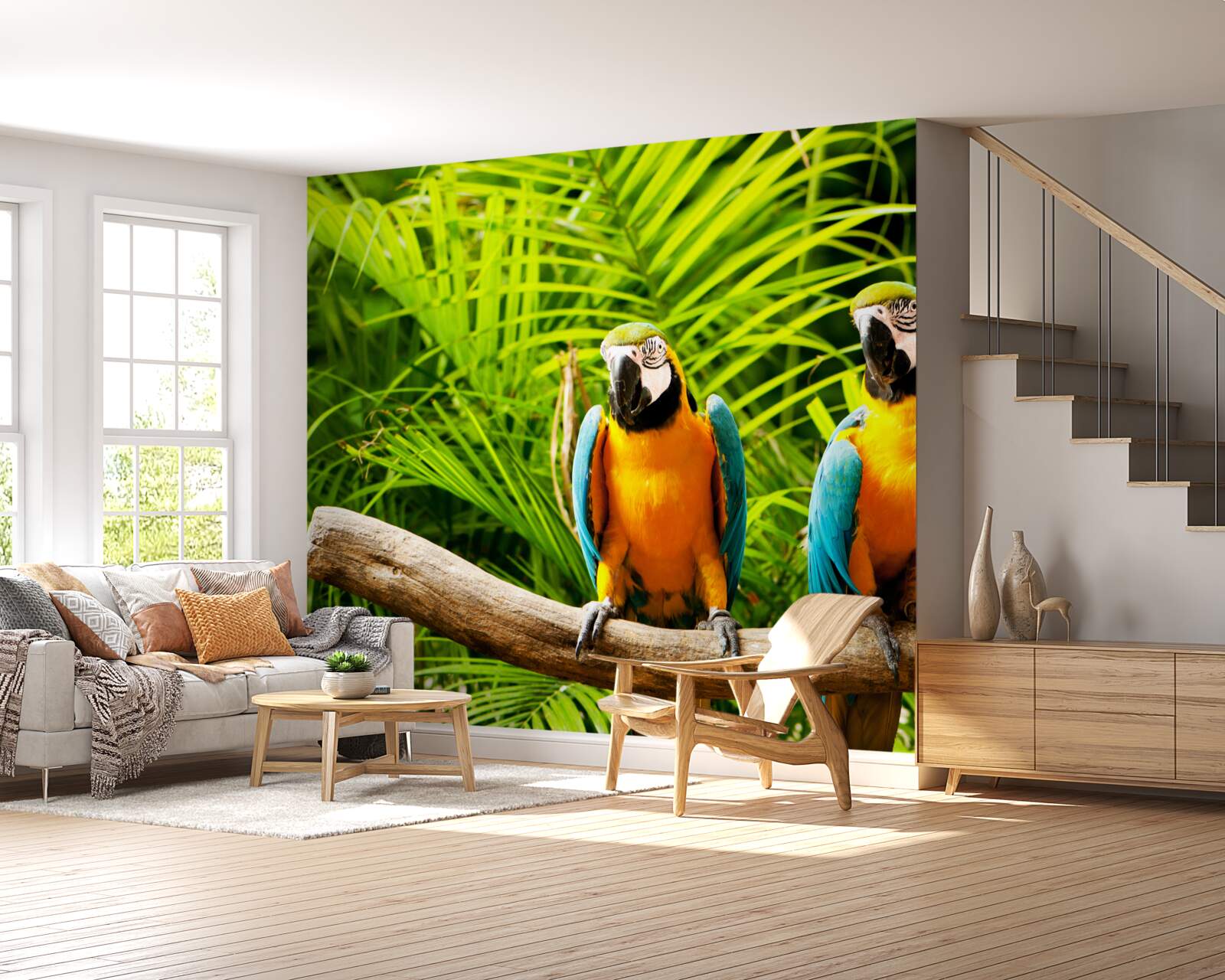 Papier peint famille de perroquets ara sur une branche entourée de verdure