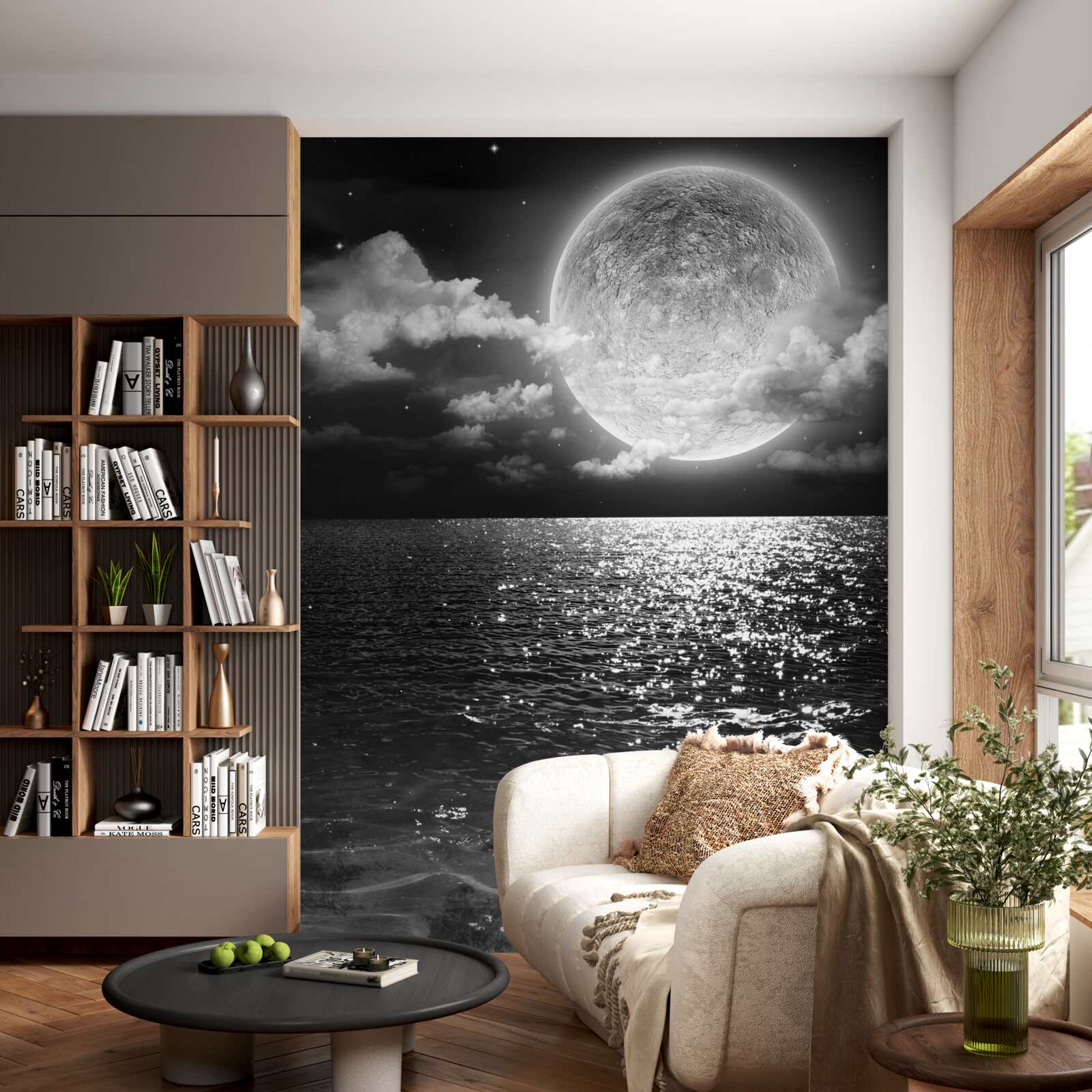 Papier peint coucher de soleil sur la mer sur la lune en noir et blanc
