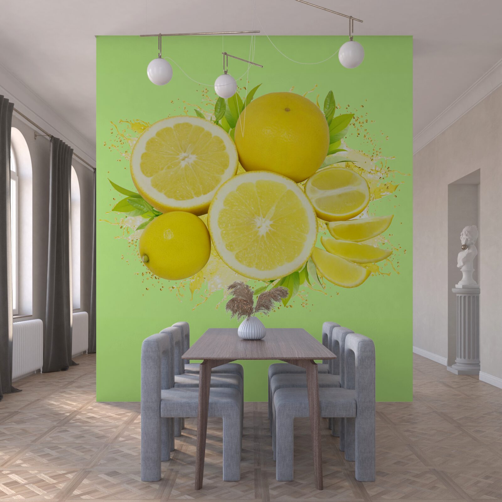 Papier peint fond vert décoré de citrons jaunes