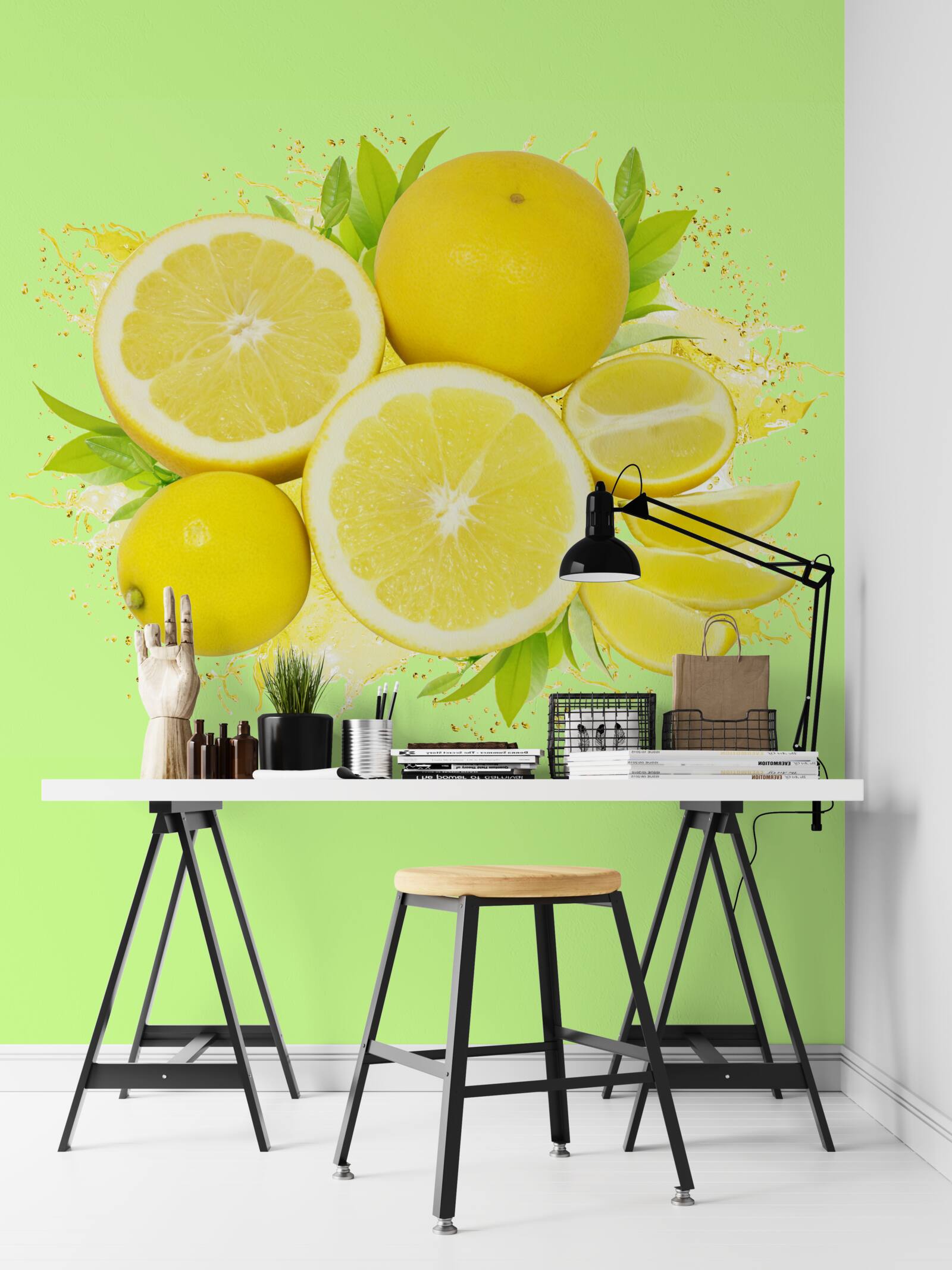 Papier peint fond vert décoré de citrons jaunes
