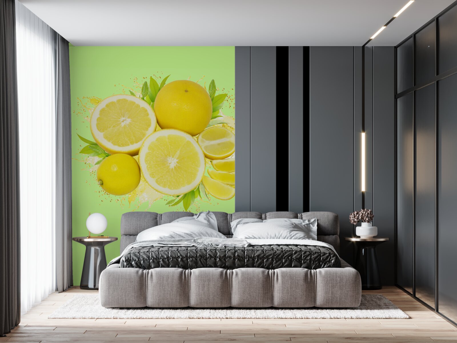 Papier peint fond vert décoré de citrons jaunes