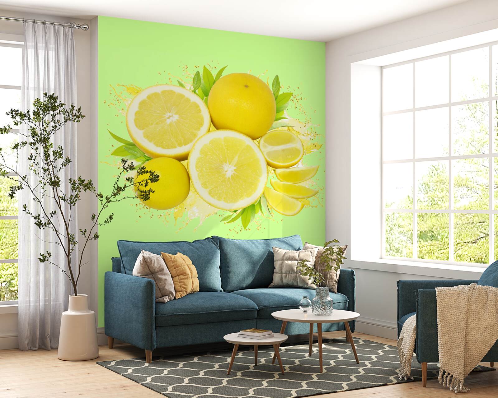 Papier peint fond vert décoré de citrons jaunes