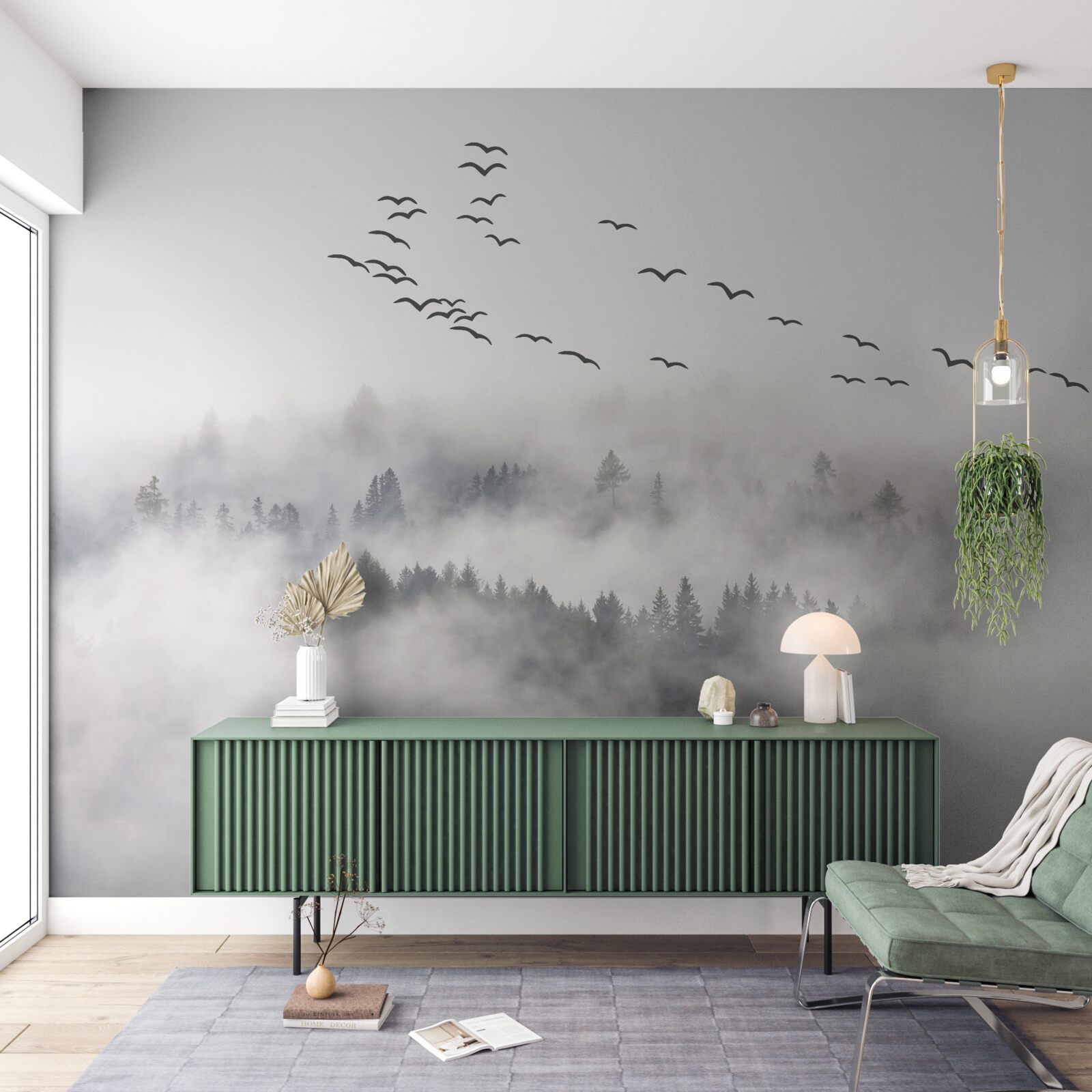 Papier peint Un groupe d'oiseaux sort de la brume, essayant de trouver des terres chaudes et douillettes.