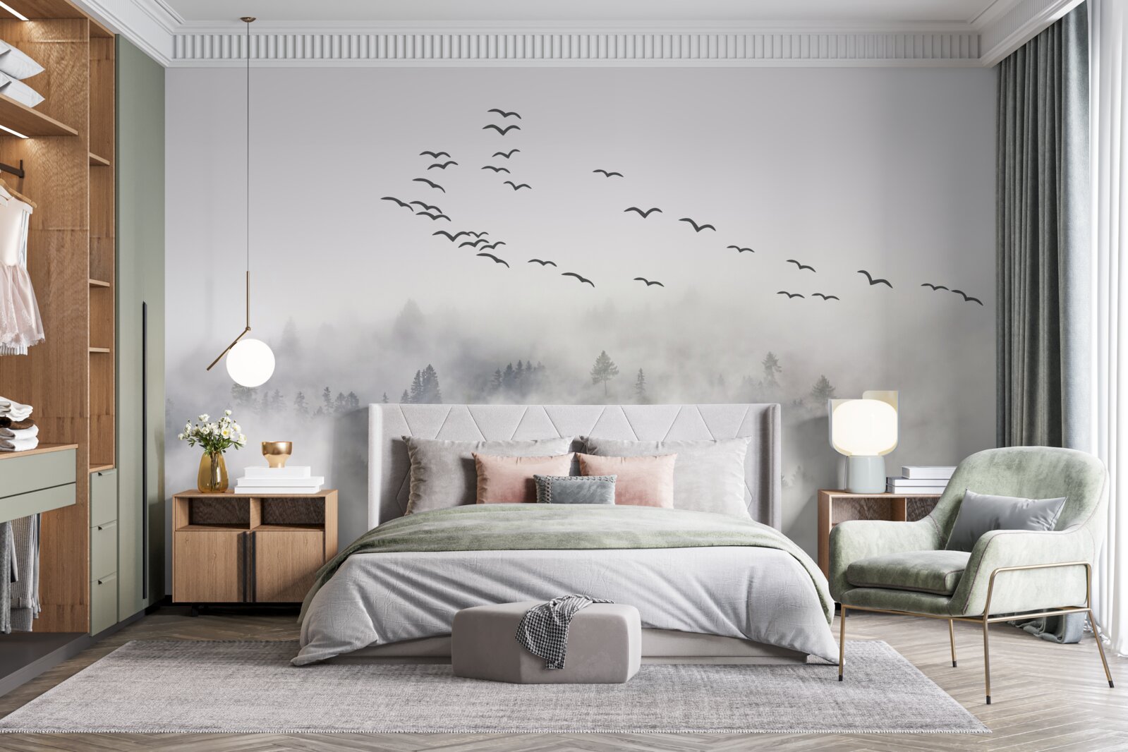 Papier peint Un groupe d'oiseaux sort de la brume, essayant de trouver des terres chaudes et douillettes.