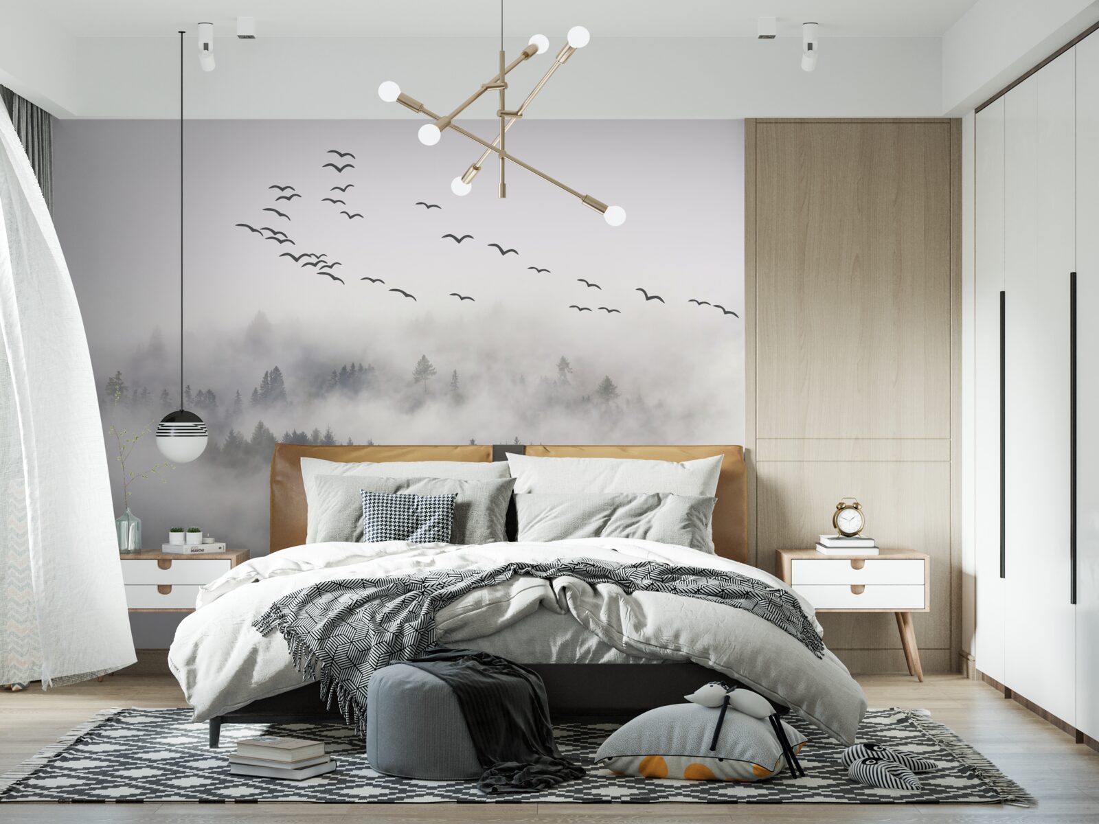 Papier peint Un groupe d'oiseaux sort de la brume, essayant de trouver des terres chaudes et douillettes.