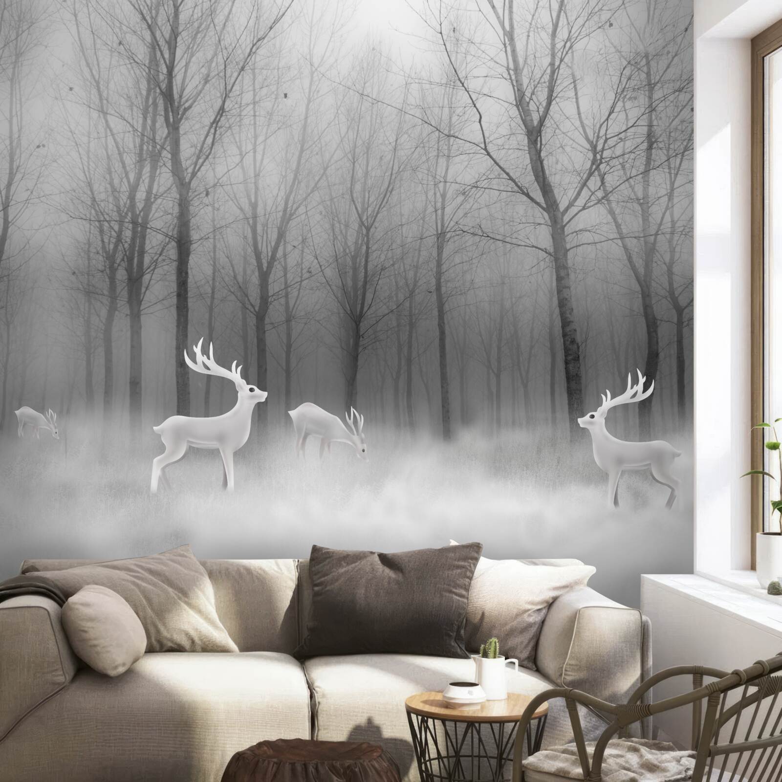 Papier peint un groupe de cerfs se promène dans une forêt brumeuse