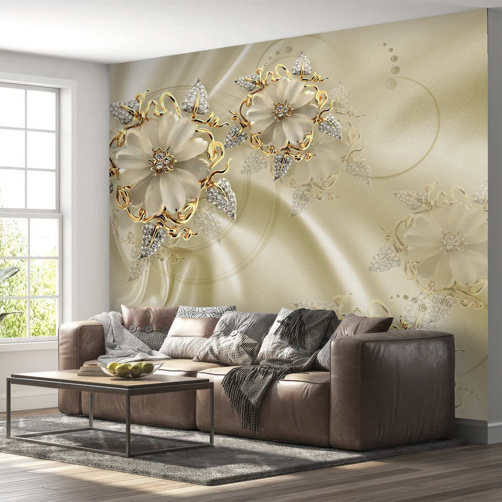 Papier peint bouton de manchette en forme de fleur avec pétales sur tissu de soie beige