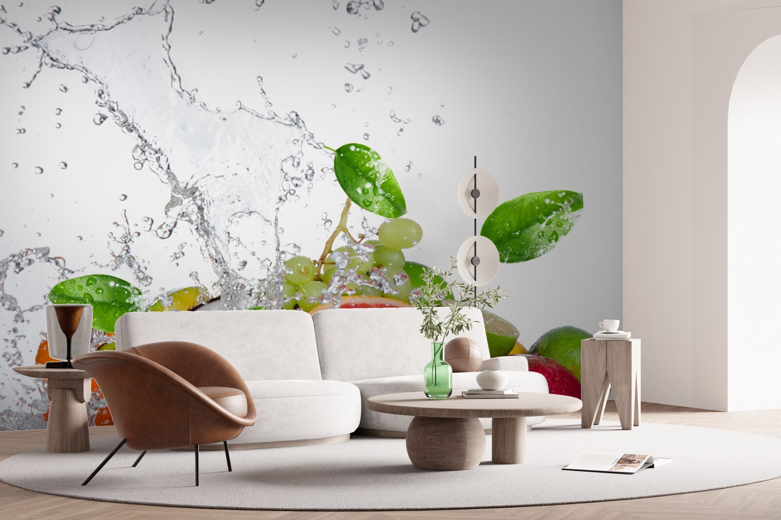 Papier peint l'eau se répand sur la surface des différents fruits