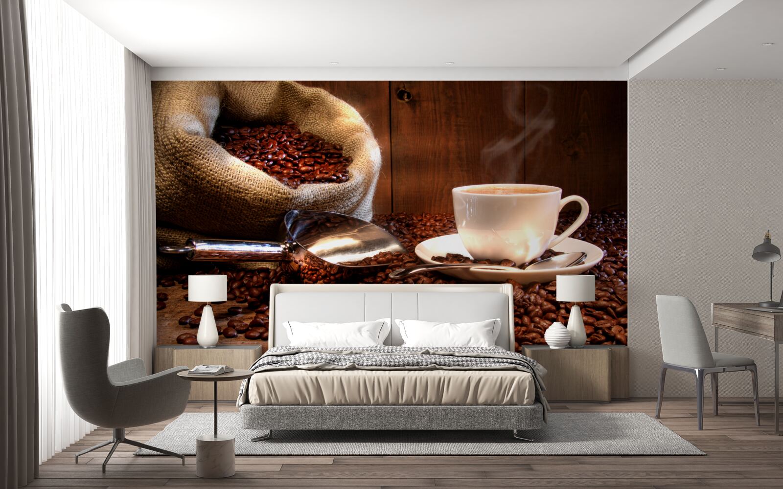 Papier peint des grains de café et une tasse de cette boisson