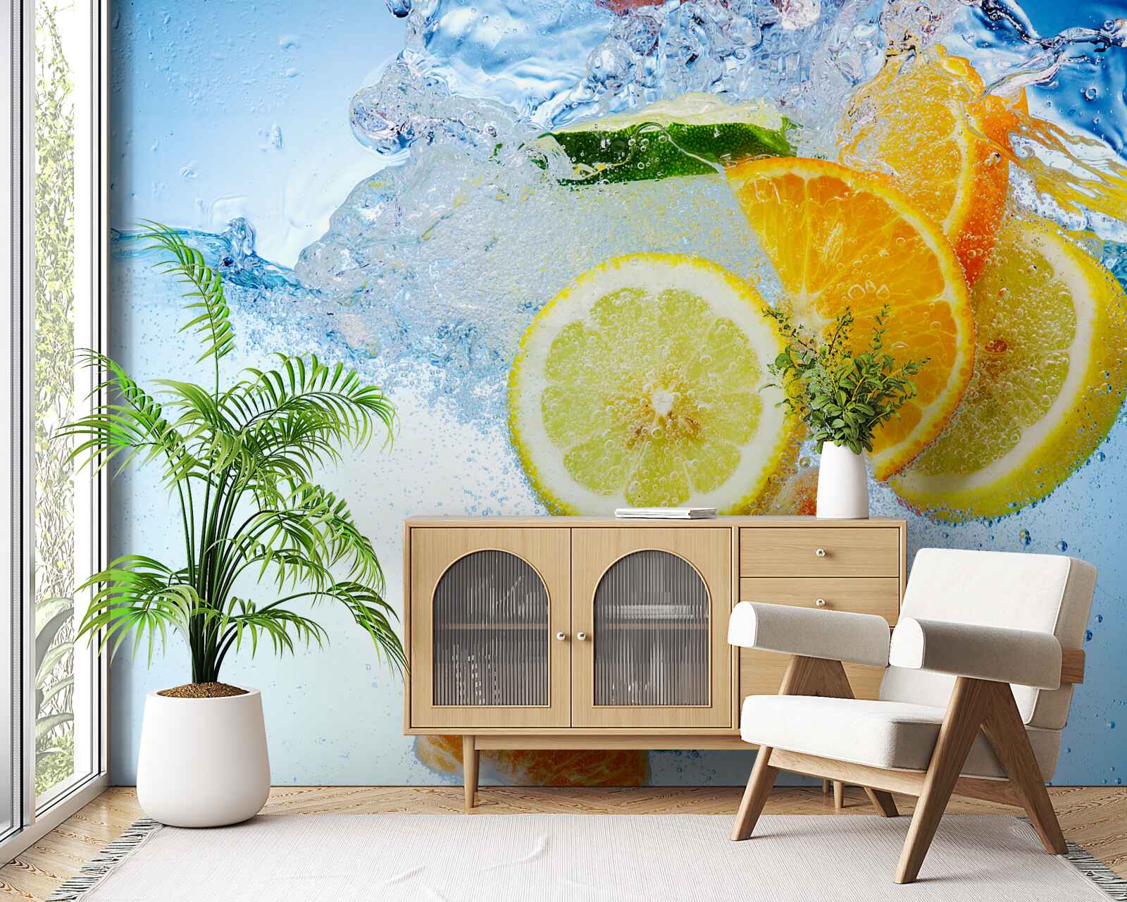 Papier peint morceaux de fruits flottant dans l'eau