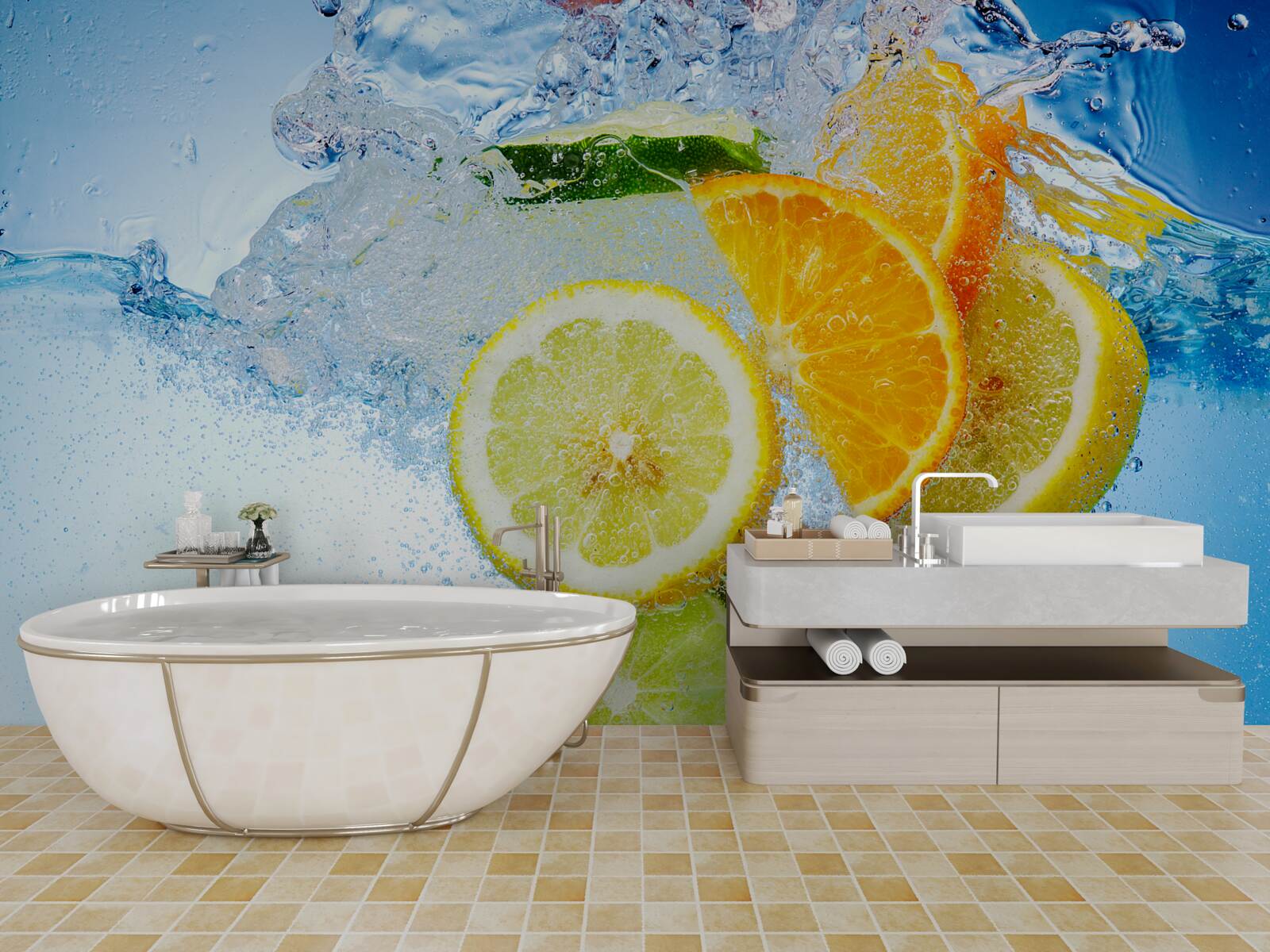 Papier peint morceaux de fruits flottant dans l'eau
