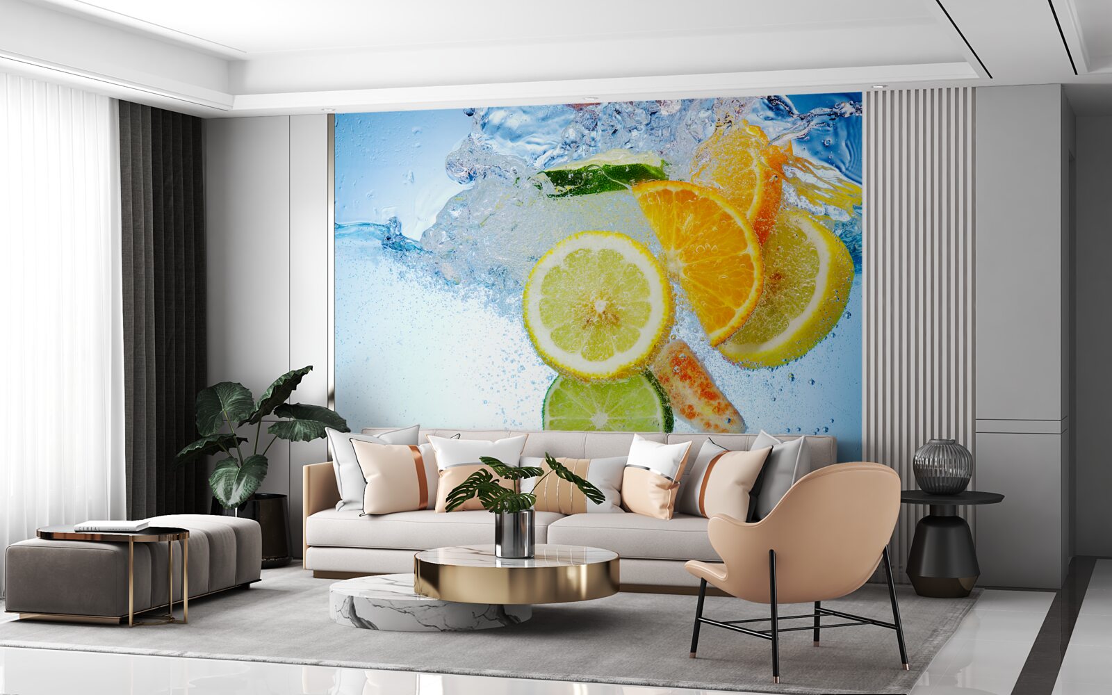 Papier peint morceaux de fruits flottant dans l'eau