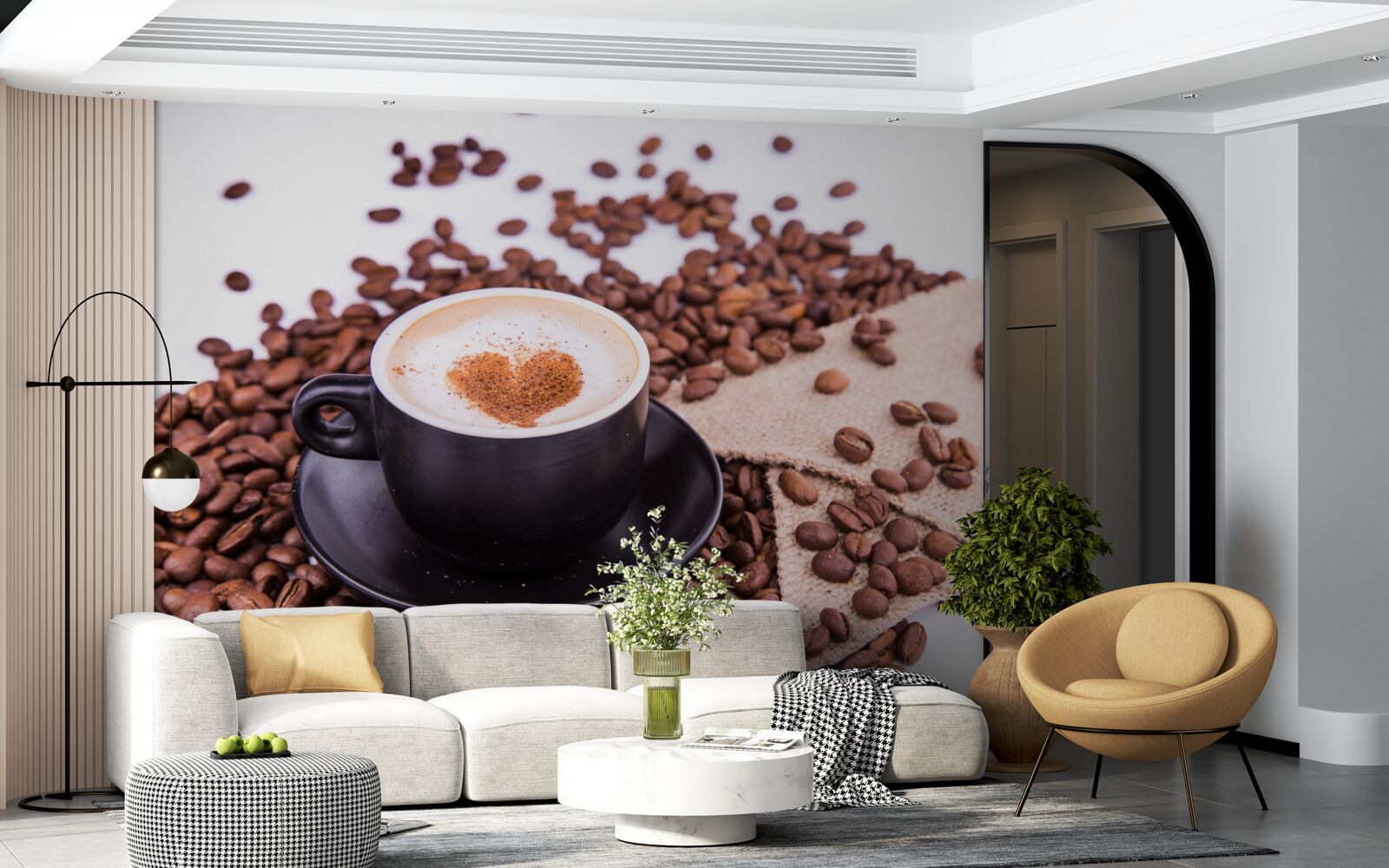 Papier peint grains de café éparpillés à côté d'une tasse de café