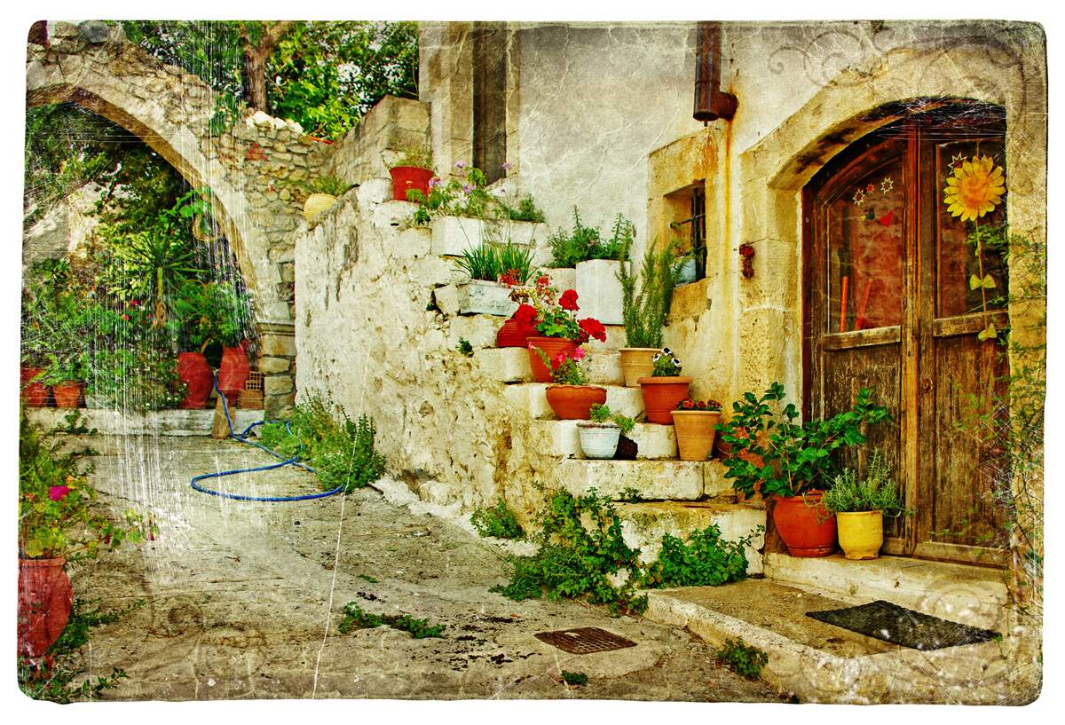 Papier peint pots de fleurs sur les marches en pierre