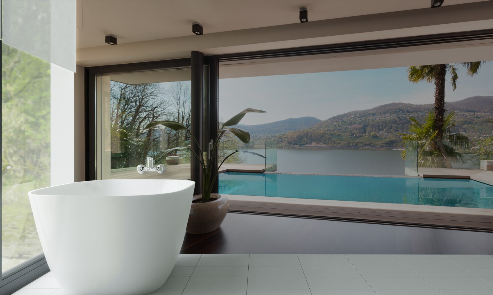 Papier peint piscine exclusive avec vue panoramique sur la chaîne de montagnes