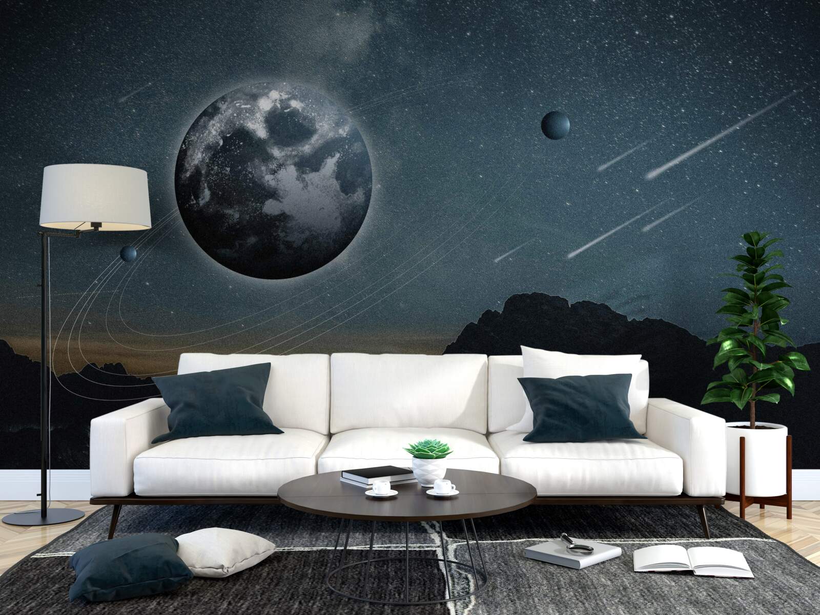 Papier peint pluie de météorites et satellite terrestre