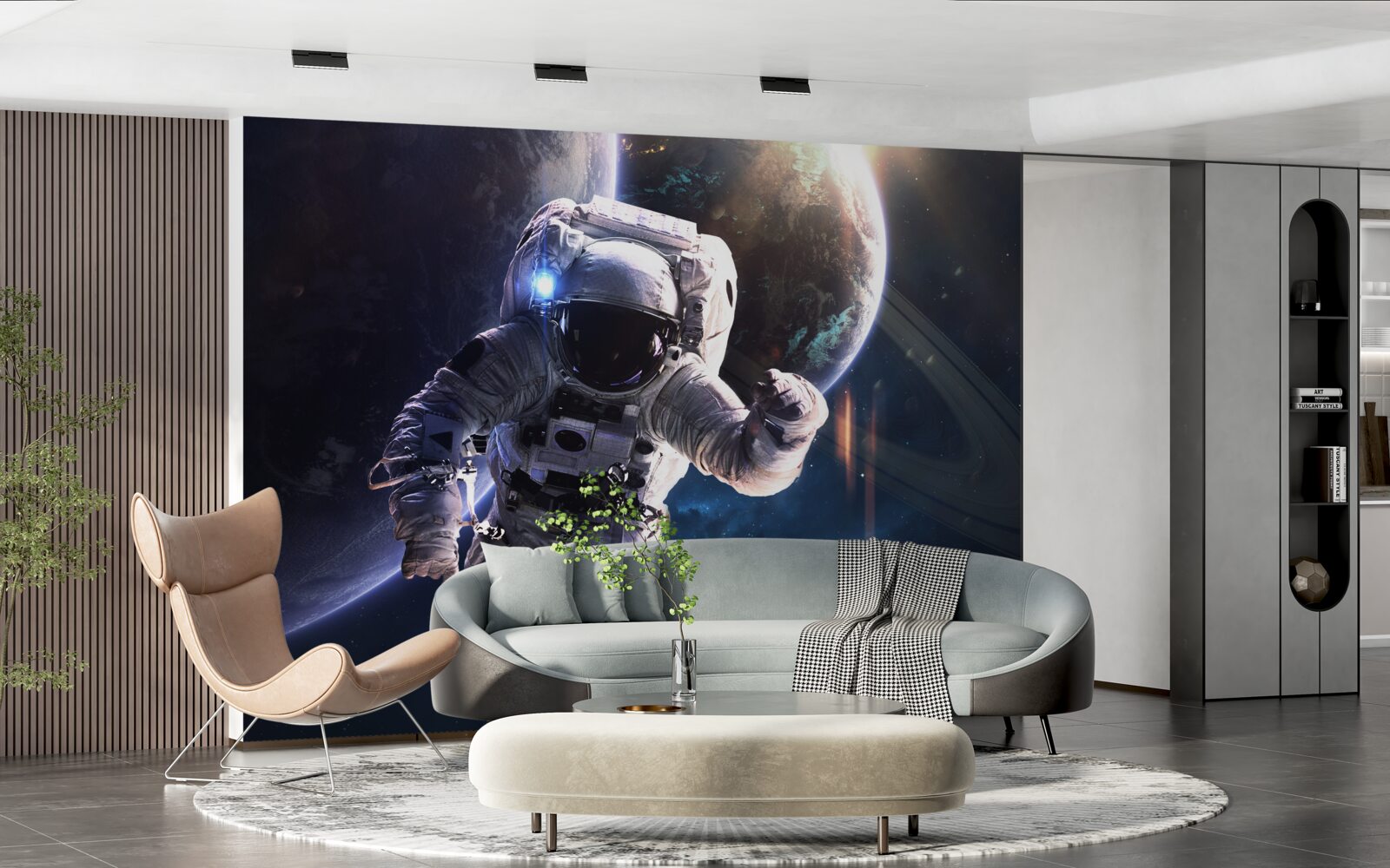 Papier peint astronaute posant devant jupiter