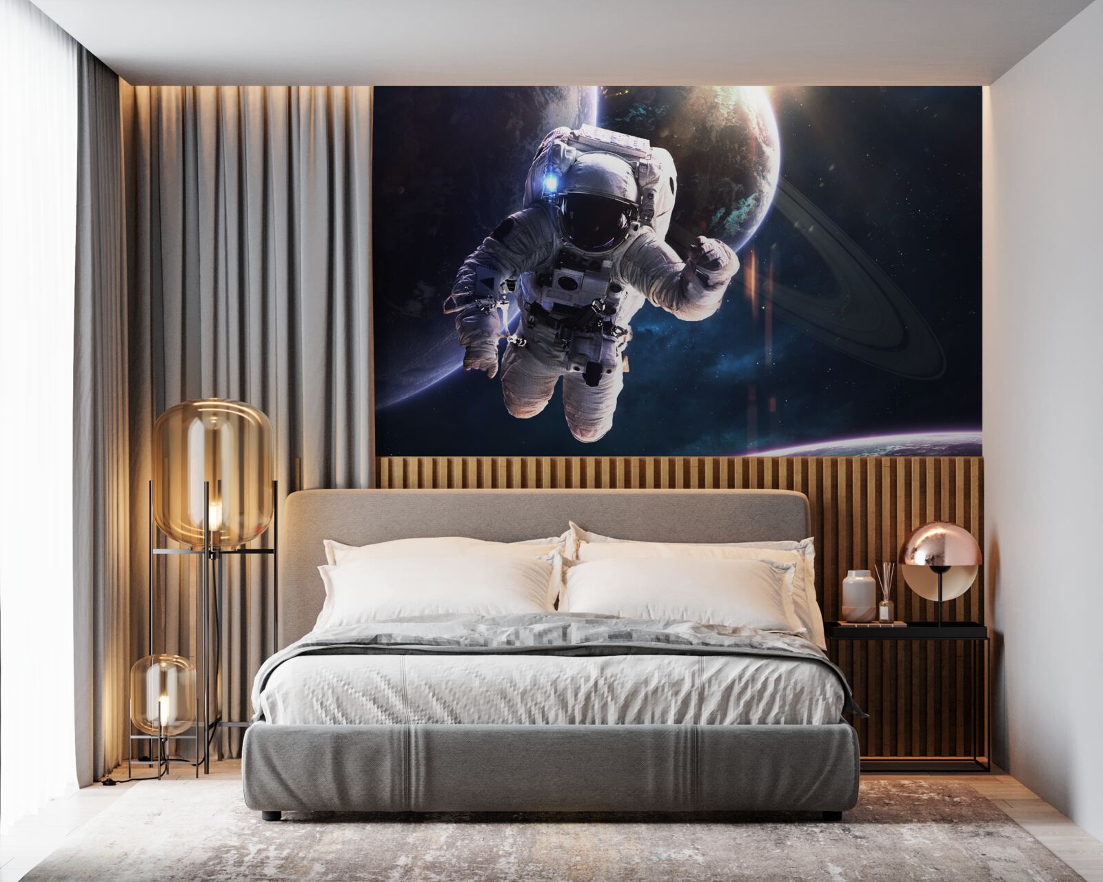 Papier peint astronaute posant devant jupiter