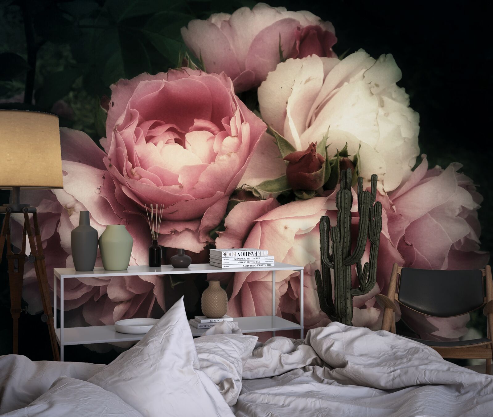 Papier peint pivoines rose pâle sur fond sombre