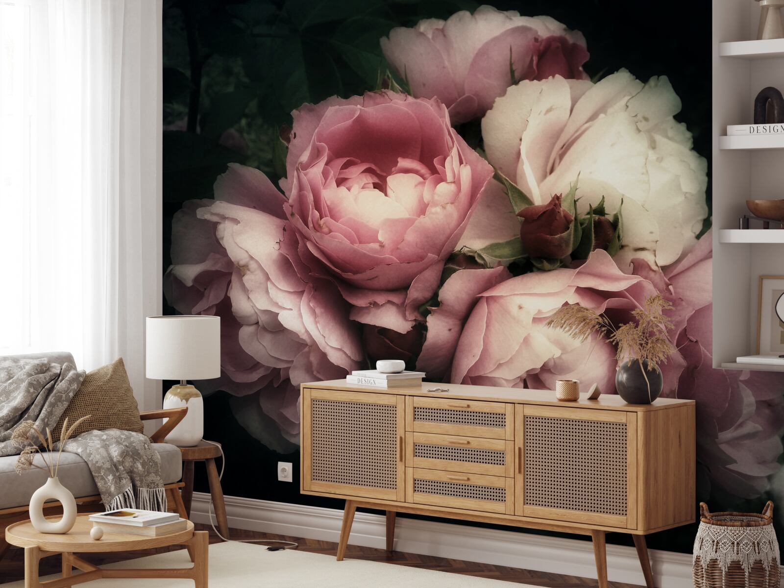 Papier peint pivoines rose pâle sur fond sombre