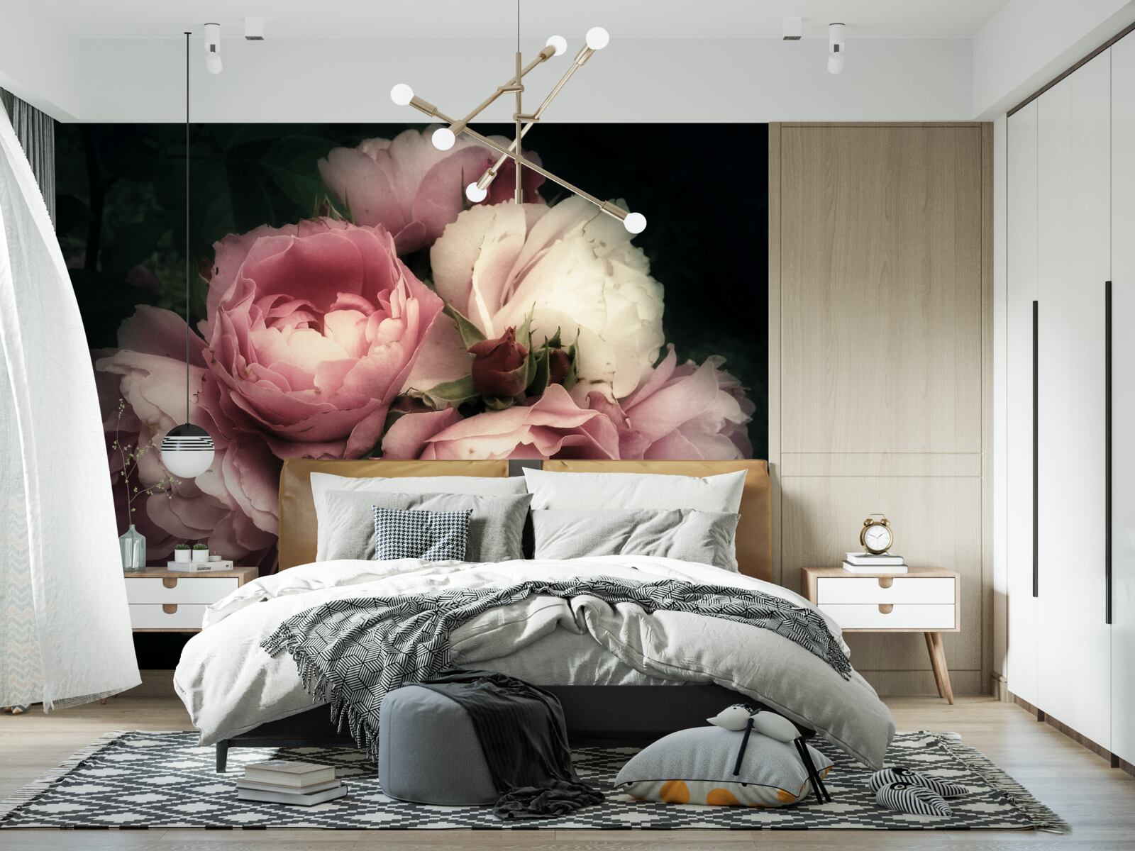 Papier peint pivoines rose pâle sur fond sombre