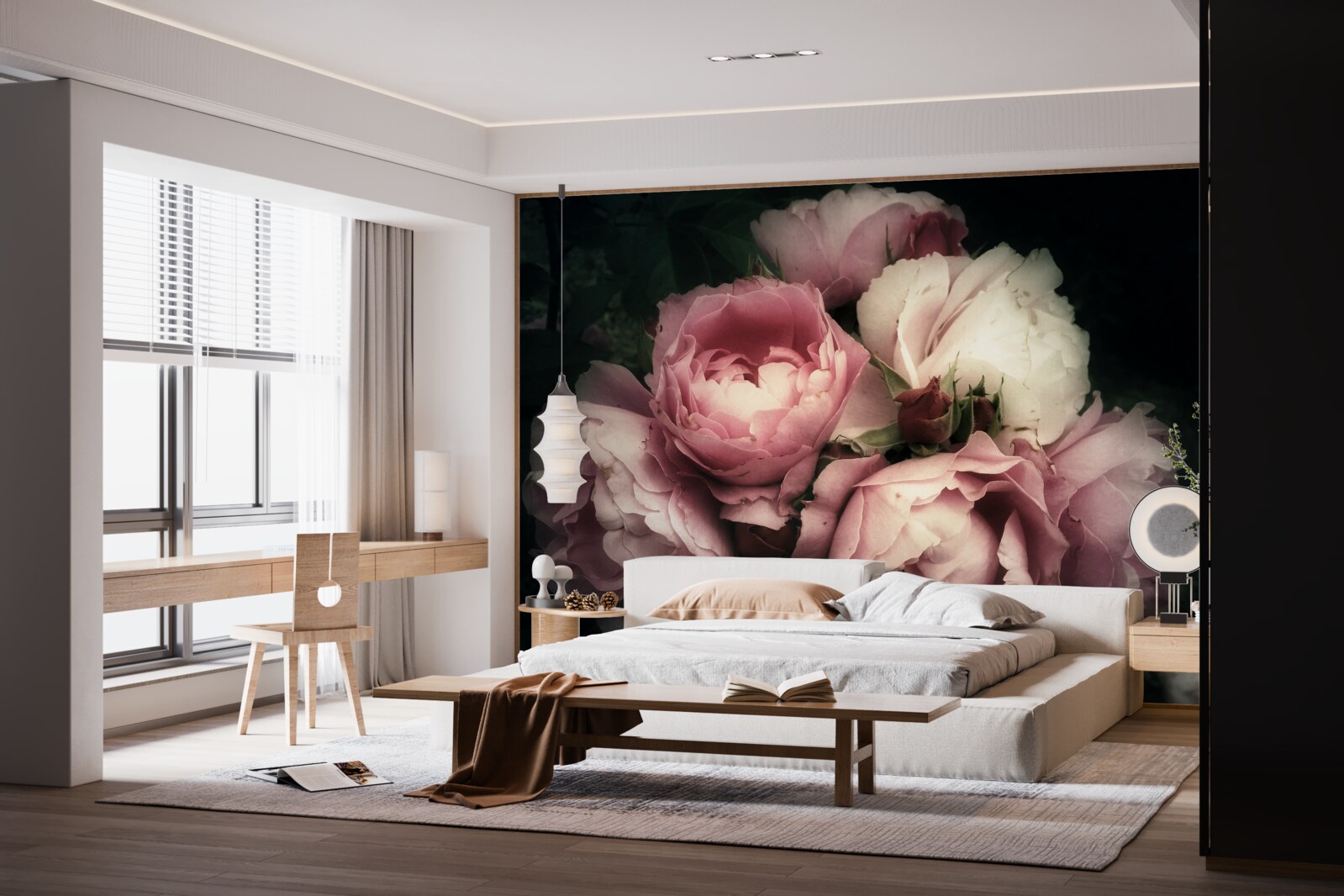 Papier peint pivoines rose pâle sur fond sombre