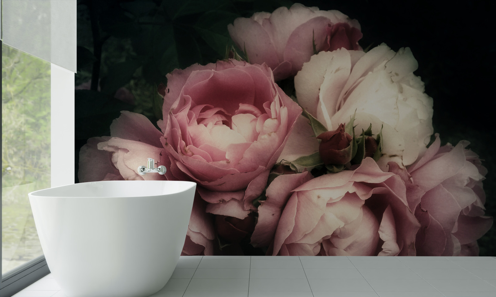 Papier peint pivoines rose pâle sur fond sombre