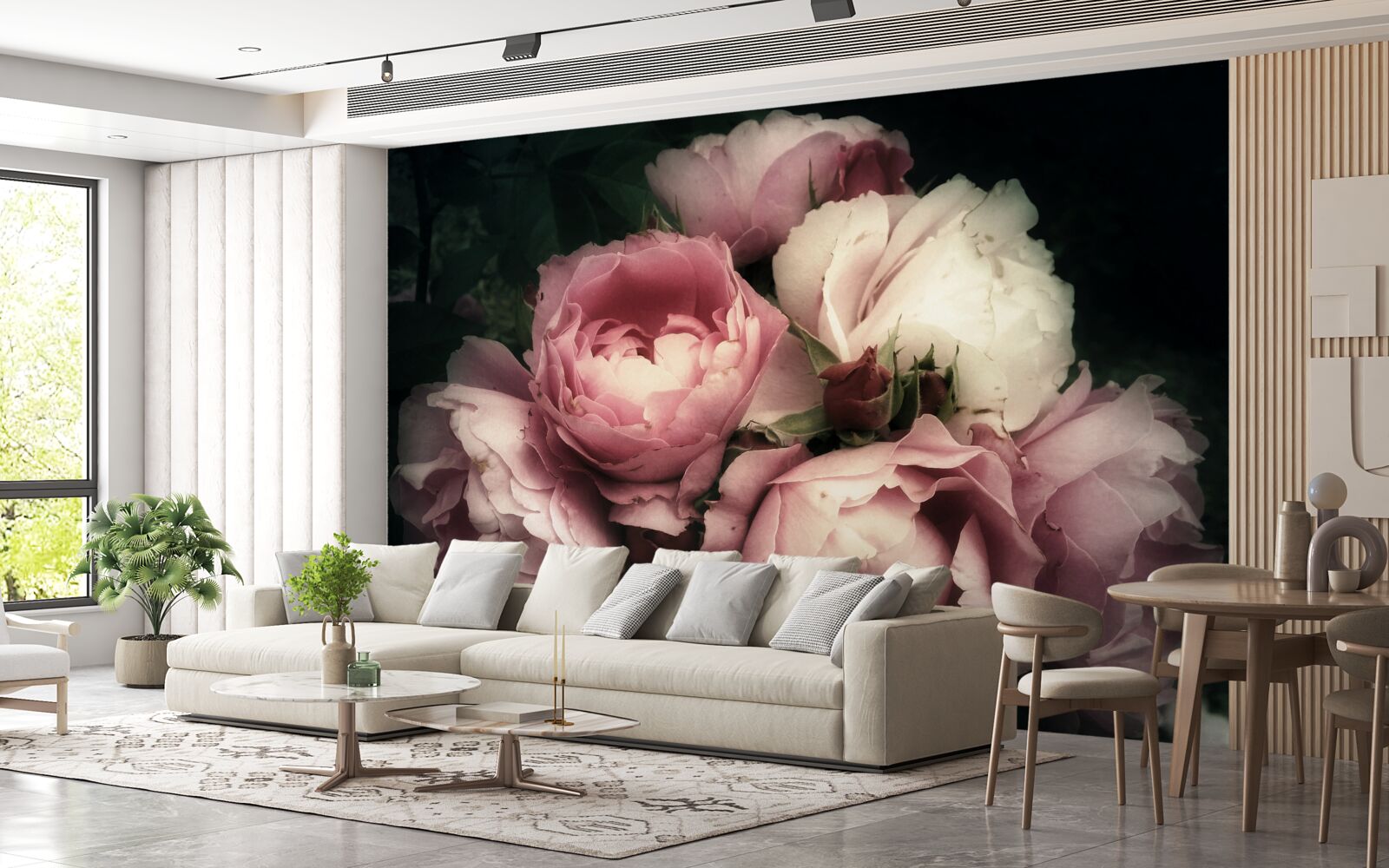 Papier peint pivoines rose pâle sur fond sombre
