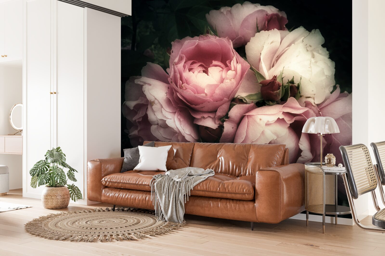 Papier peint pivoines rose pâle sur fond sombre