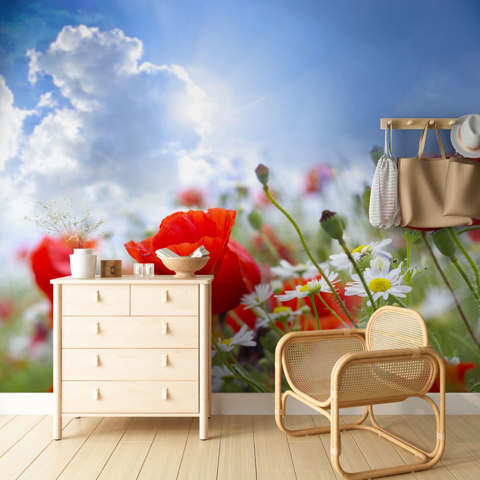 Papier peint fleurs des champs avec des coquelicots brillants