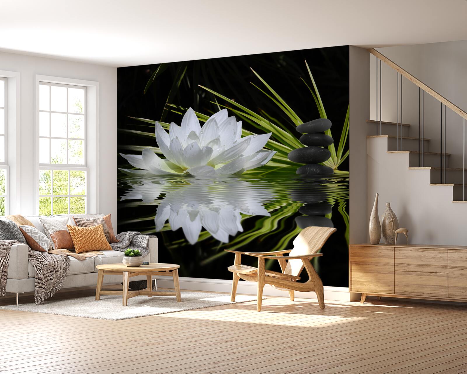 Papier peint pierres et lotus blancs