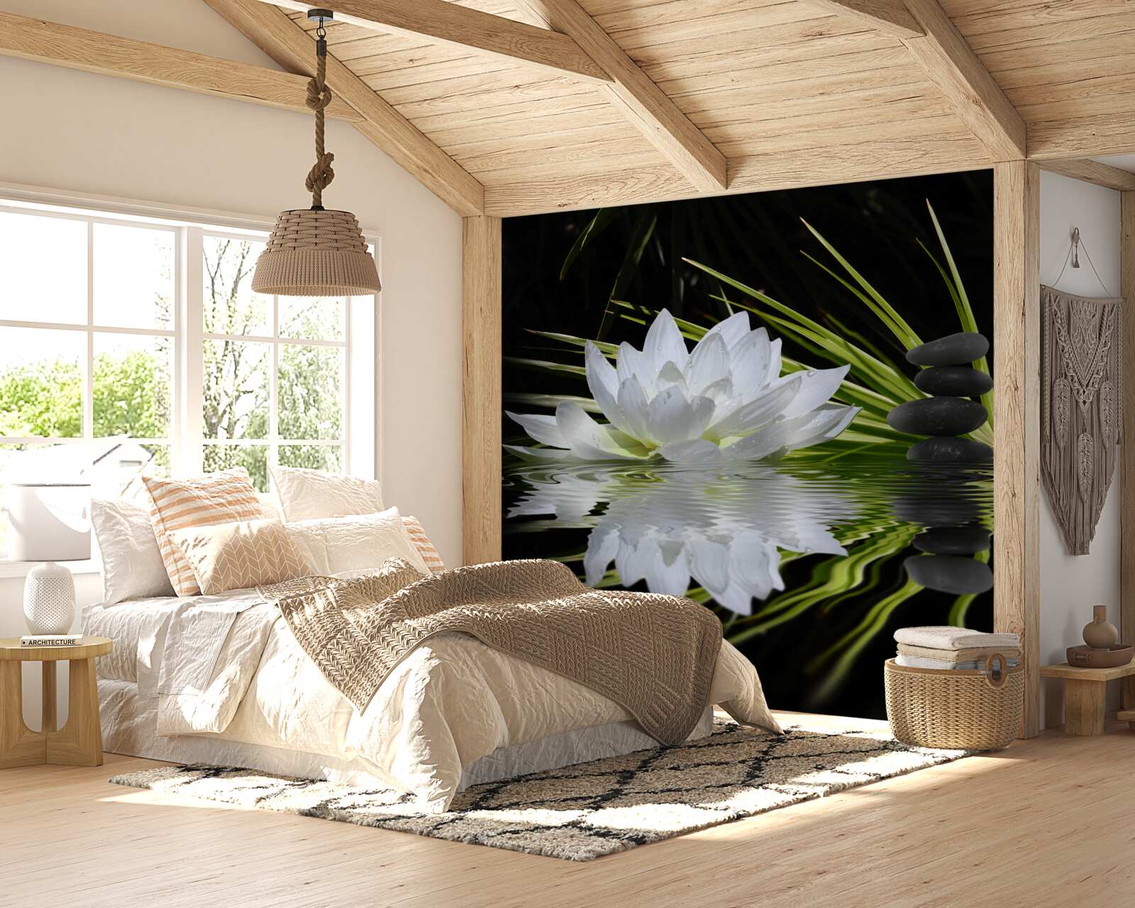 Papier peint pierres et lotus blancs