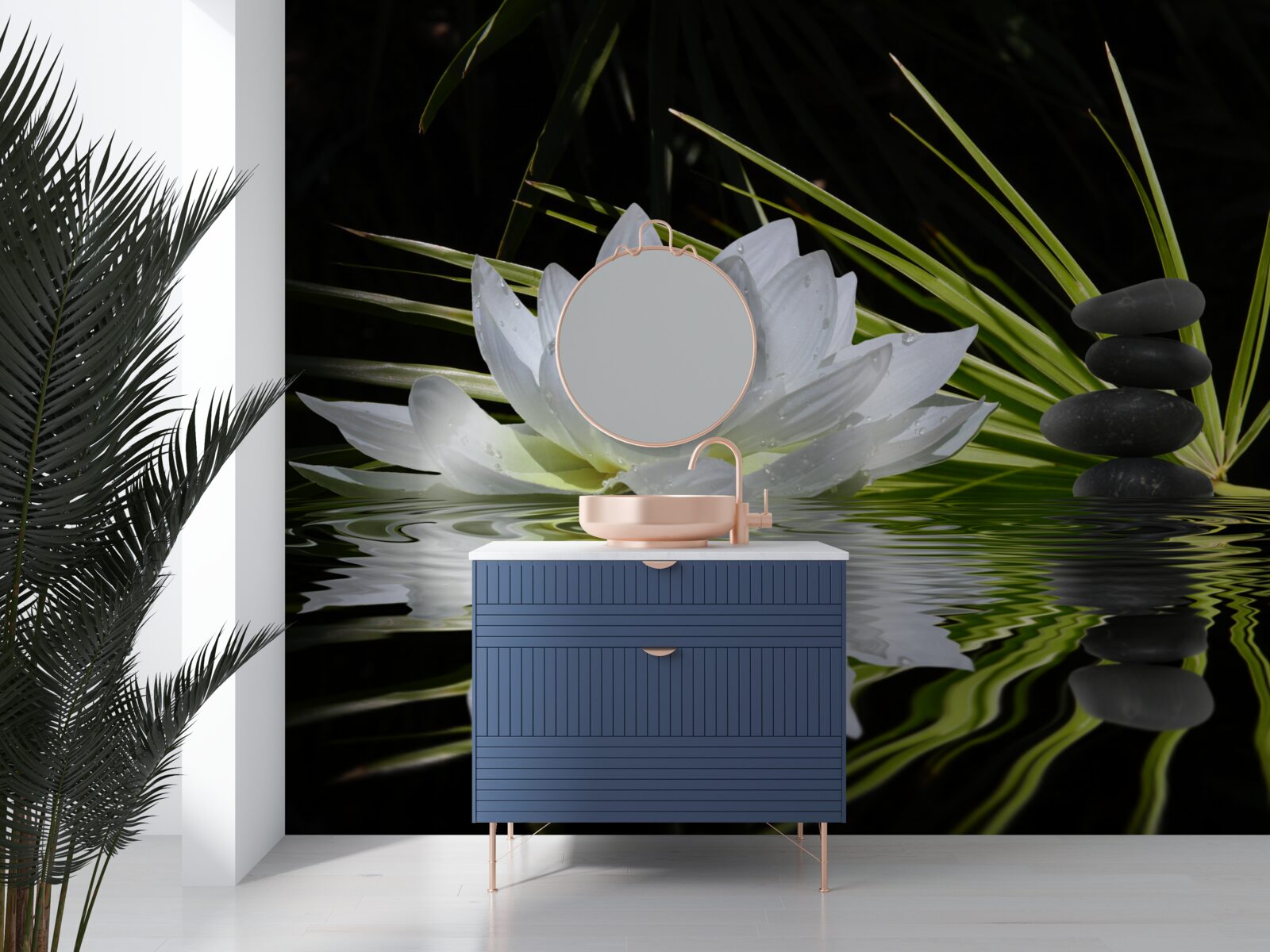 Papier peint pierres et lotus blancs