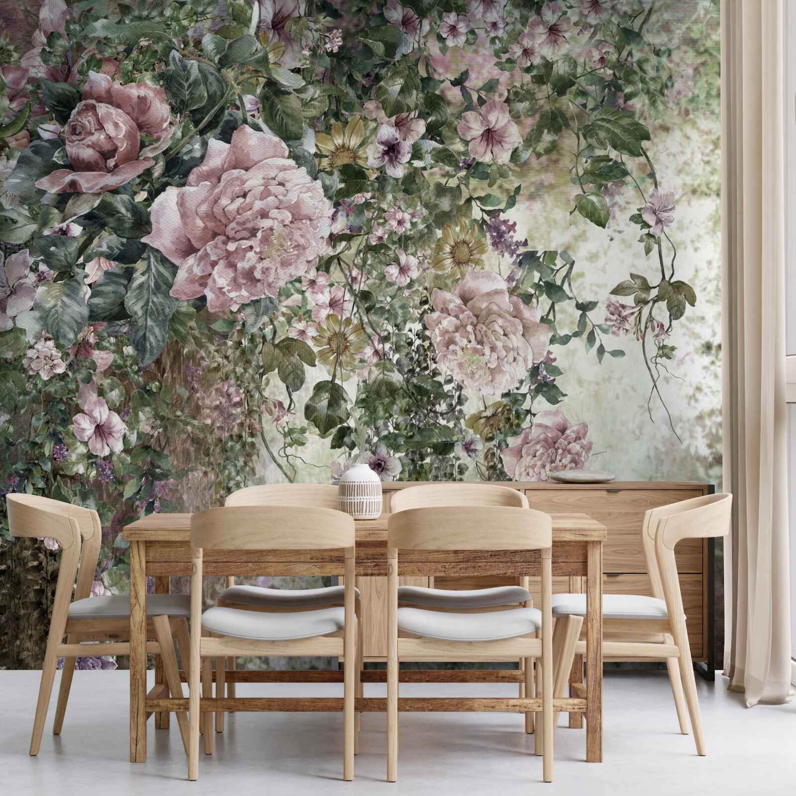 Papier peint une touche de fleurs et de verdure aux nuances délicates