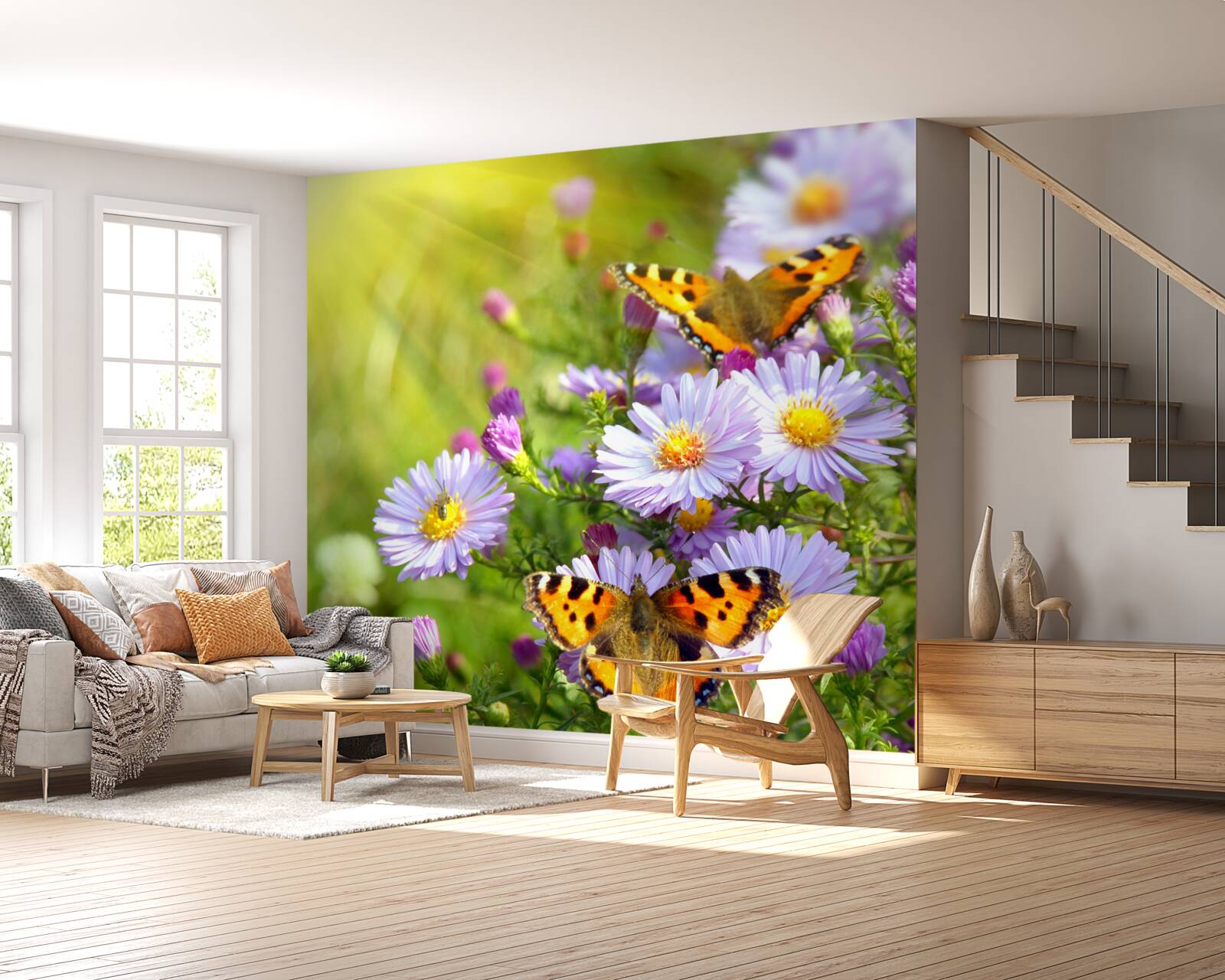 Papier peint marguerites bleues décorées de papillons