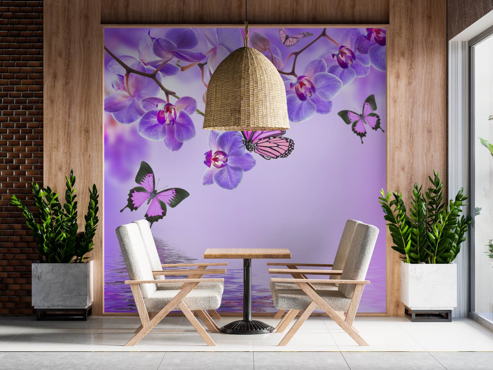 Papier peint papillons et orchidée pourpre
