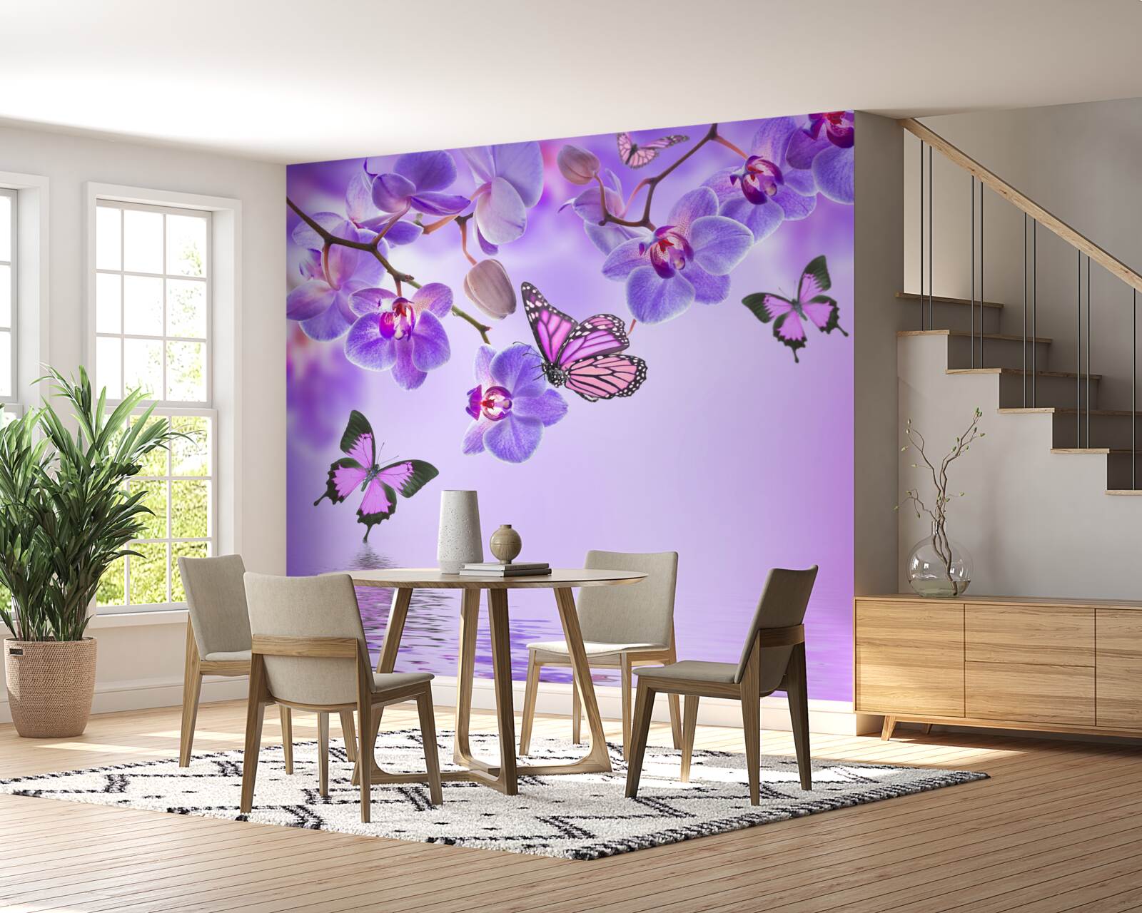 Papier peint papillons et orchidée pourpre