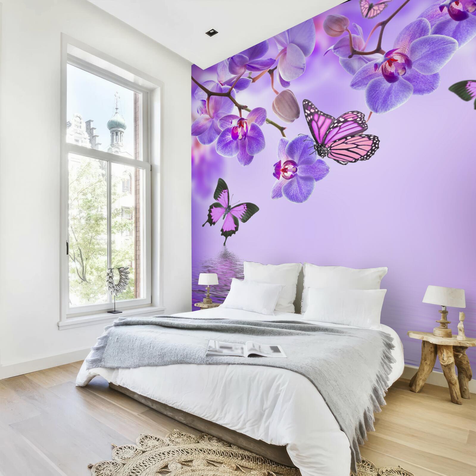 Papier peint papillons et orchidée pourpre