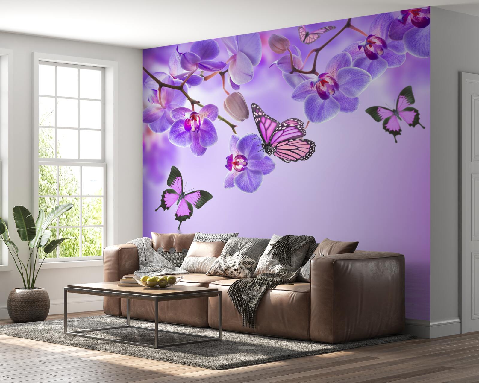 Papier peint papillons et orchidée pourpre