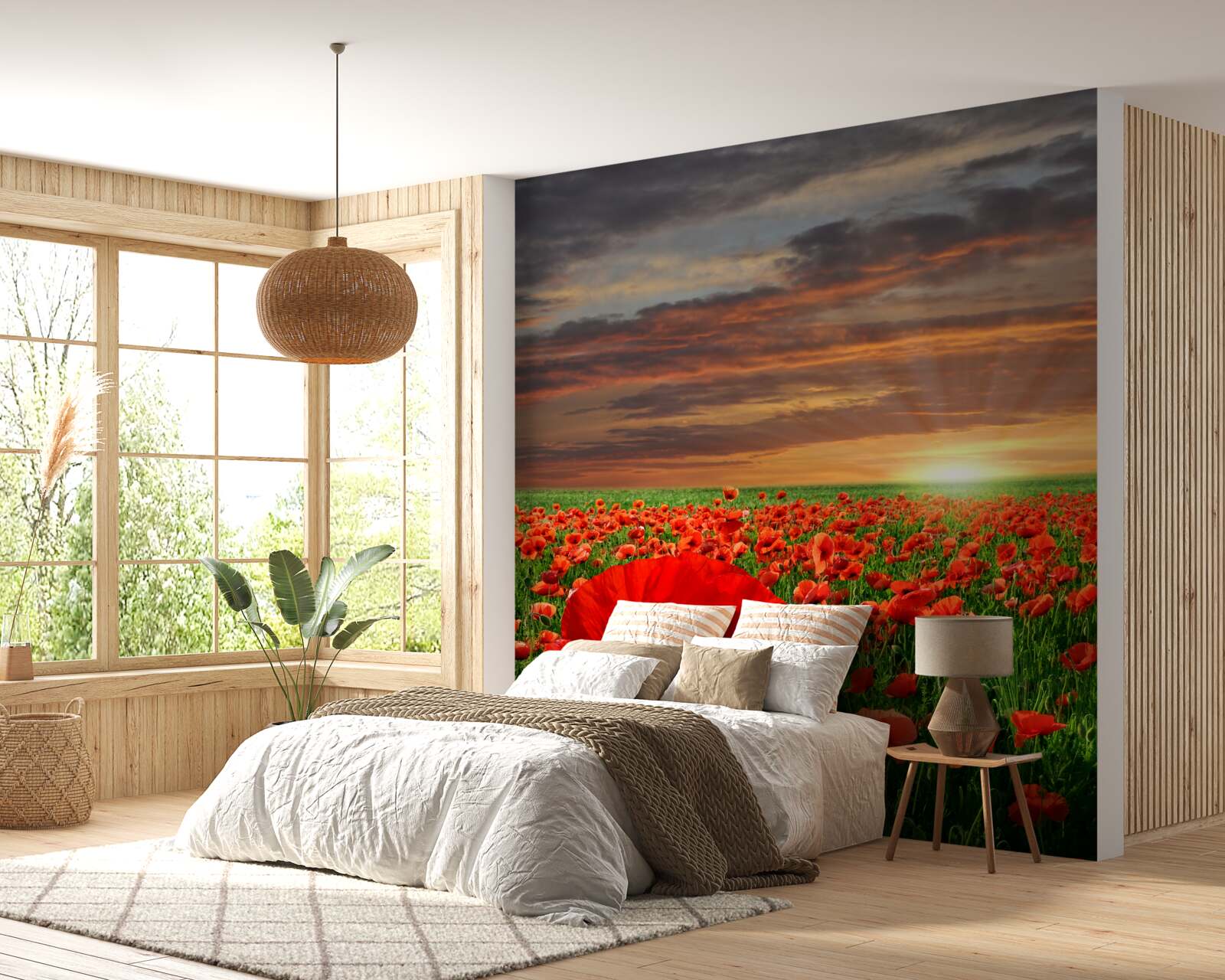 Papier peint coucher de soleil sur un champ de coquelicots écarlates