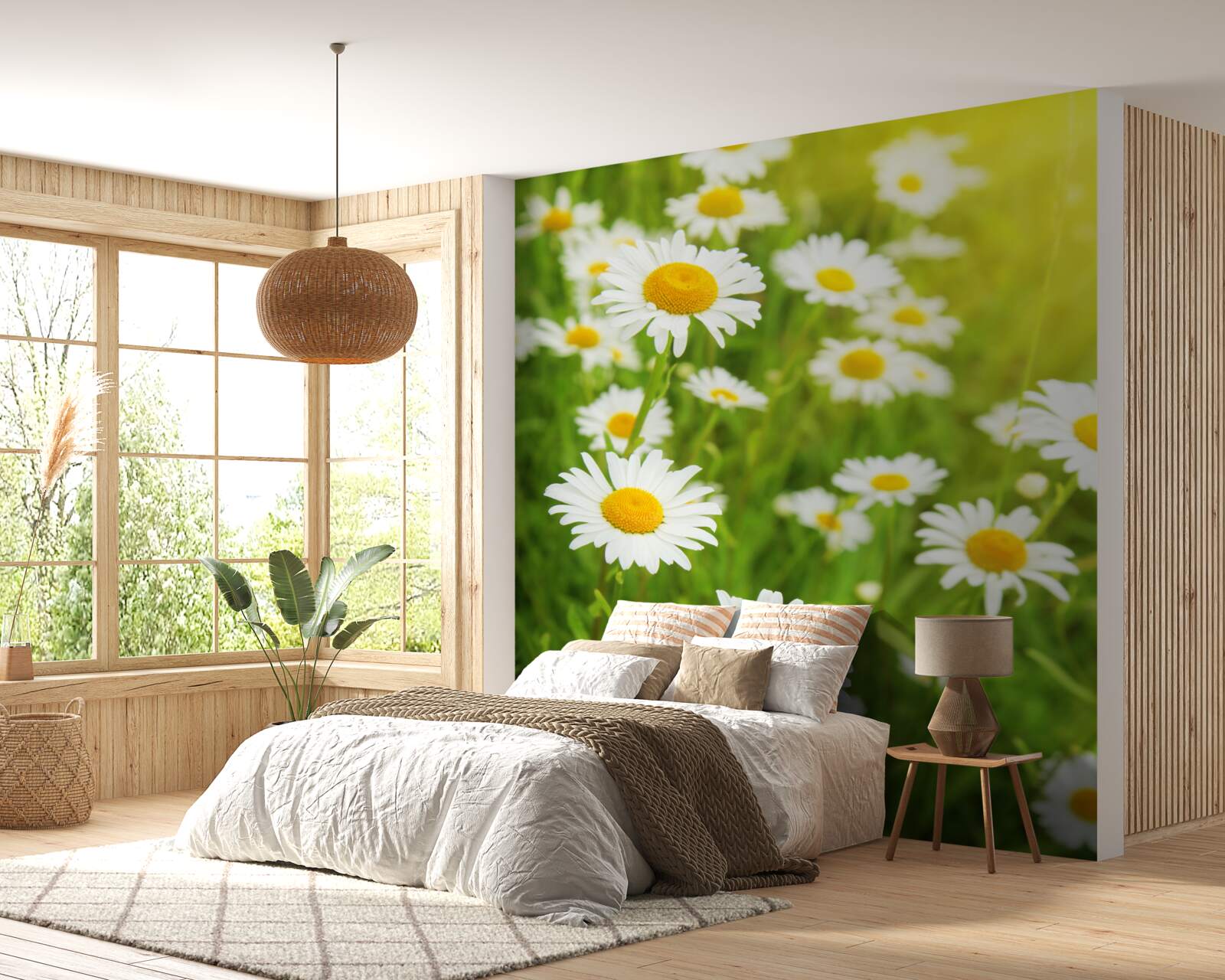 Papier peint un champ de marguerites blanches dans la verdure